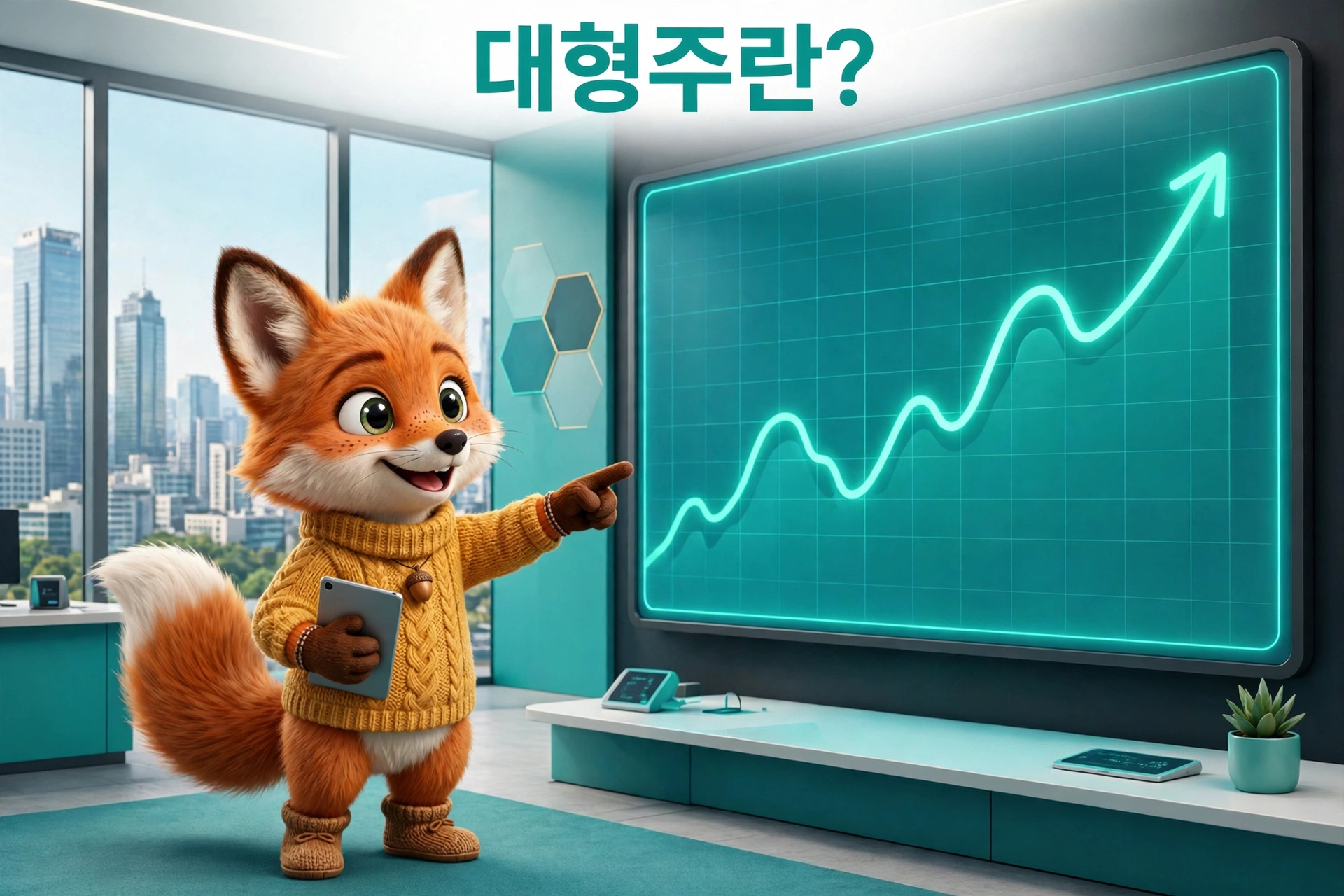 대형주 뜻을 안내하는 여우 캐릭터와 주식 차트