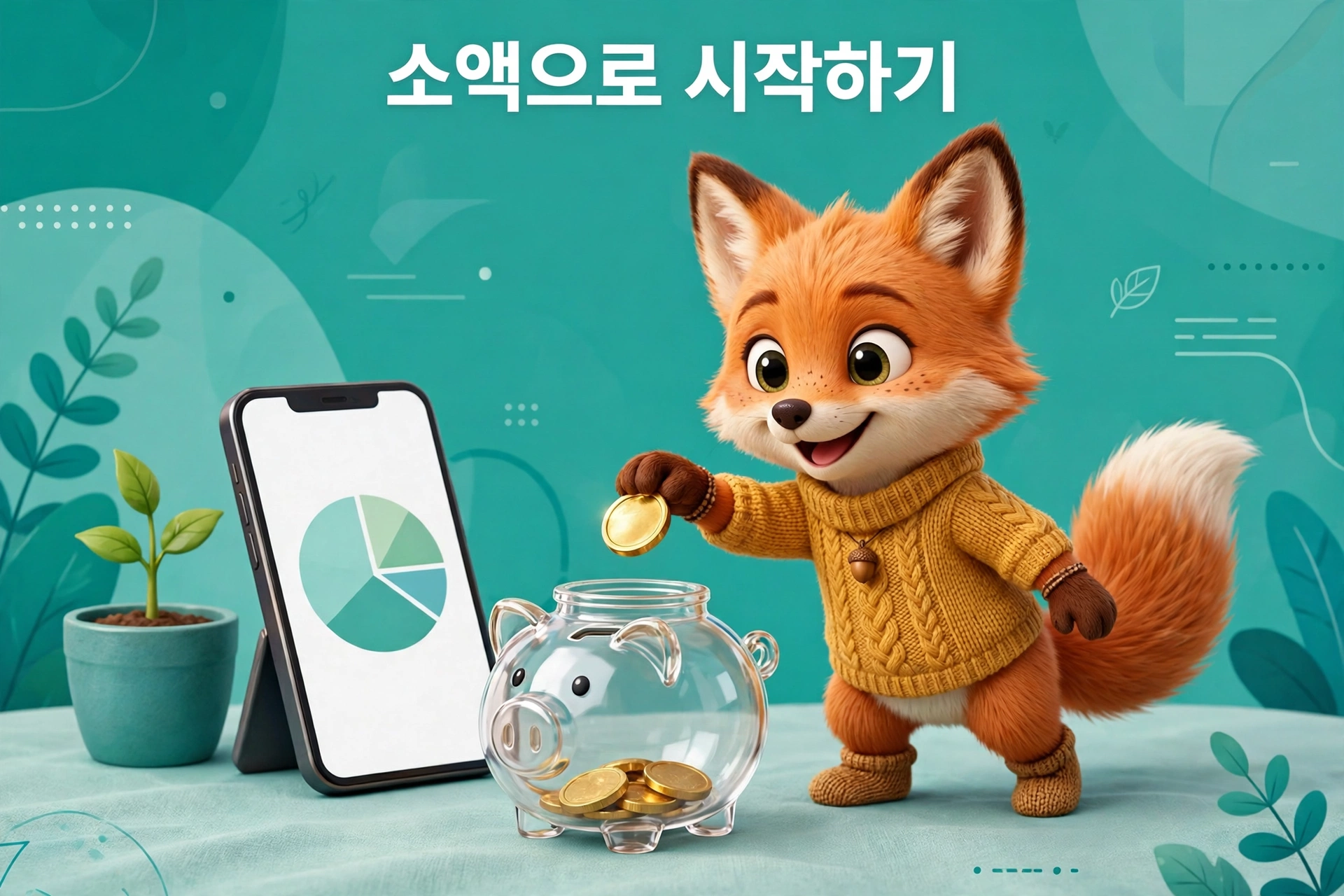 소액으로 시작하는 투자 방법을 안내하는 여우 캐릭터와 저금통
