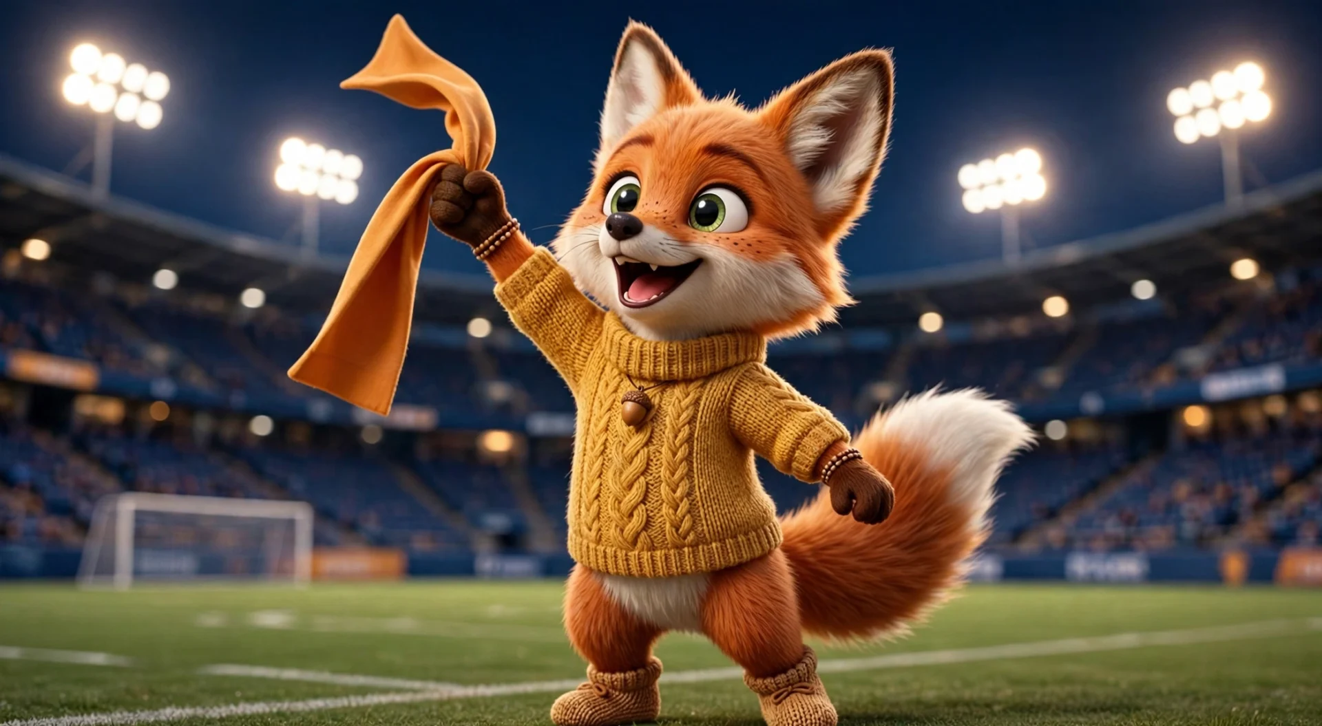 축구 경기장에서 응원하는 여우 캐릭터