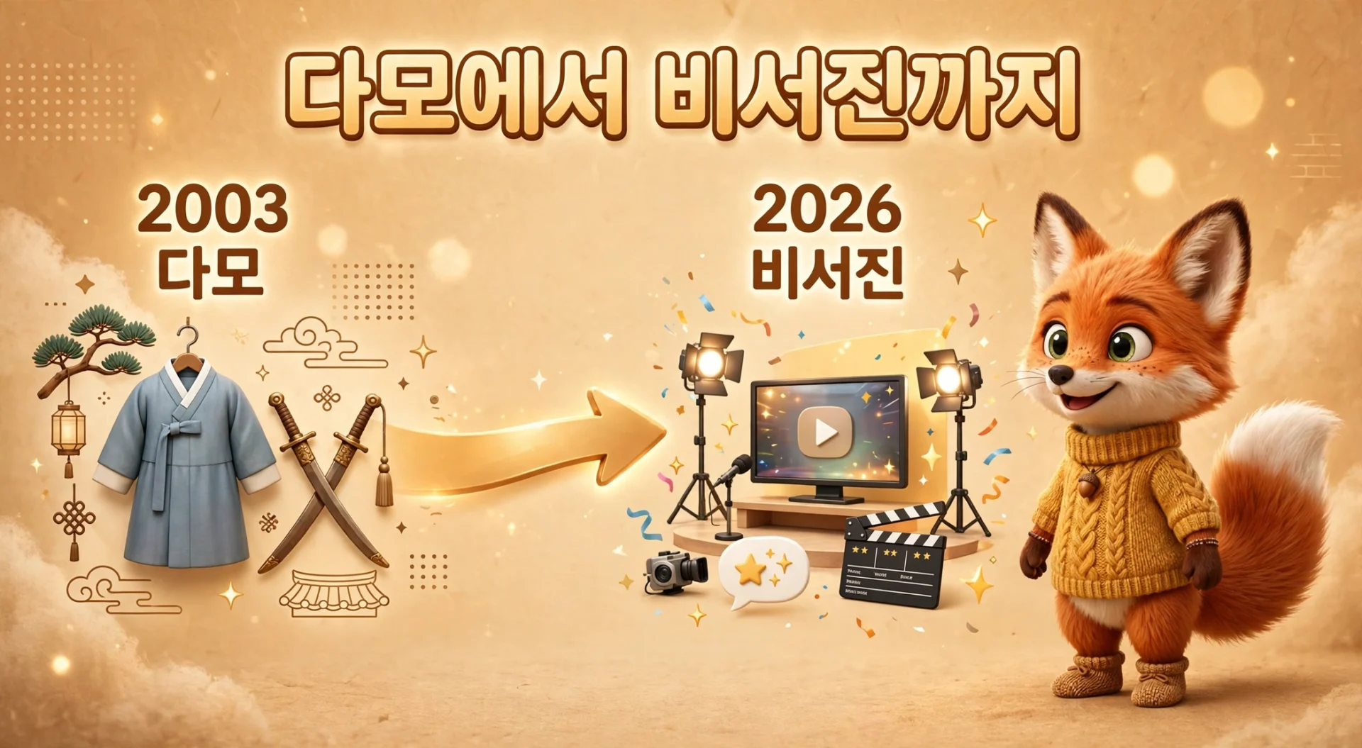 다모에서 비서진까지 타임라인을 안내하는 여우 캐릭터 일러스트