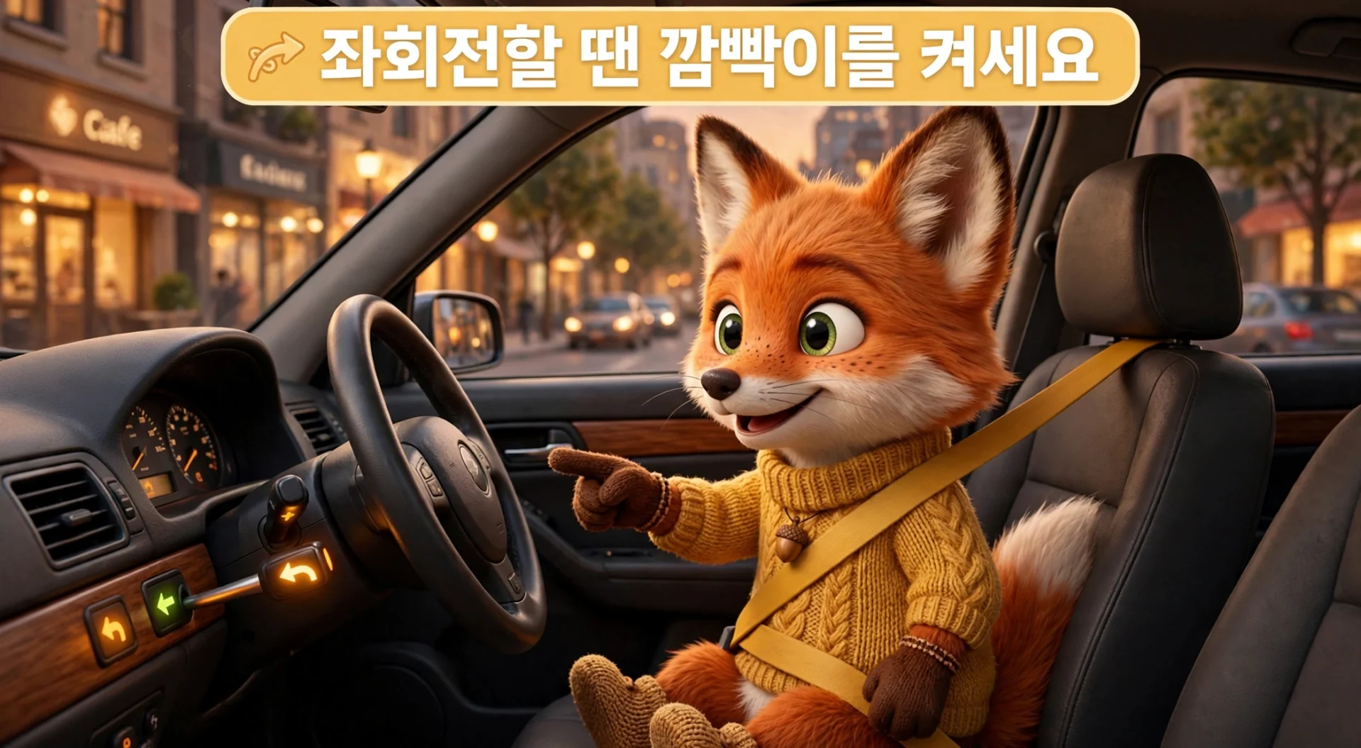 운전석에서 좌회전 깜빡이 레버를 가리키는 여우 캐릭터, 좌회전 방향지시등 켜는 시점 안내