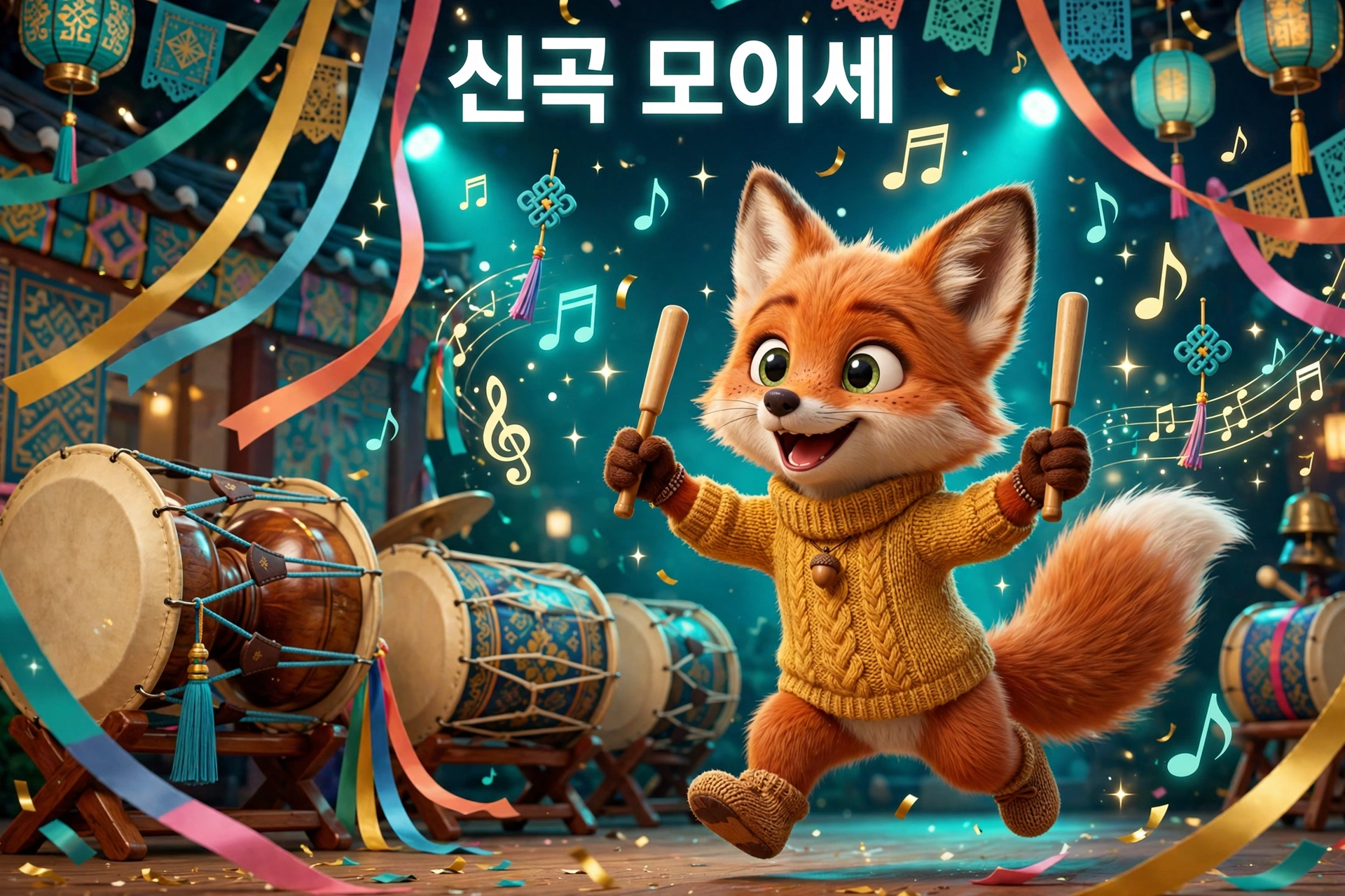 임영웅 신곡 모이세 - 풍물 축제 분위기의 여우 캐릭터 일러스트