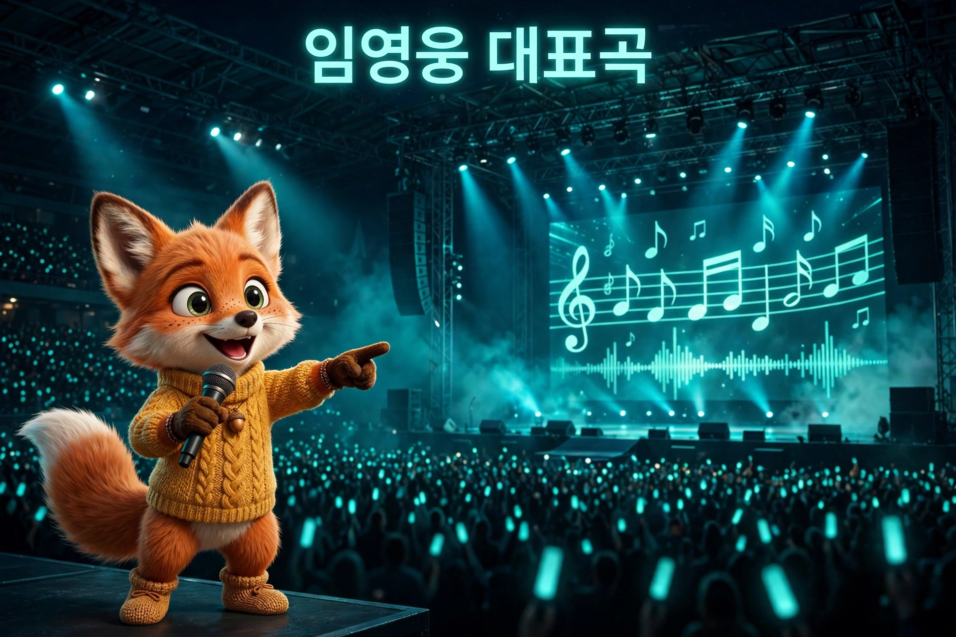 임영웅 대표곡 - 콘서트 무대를 안내하는 여우 캐릭터 일러스트