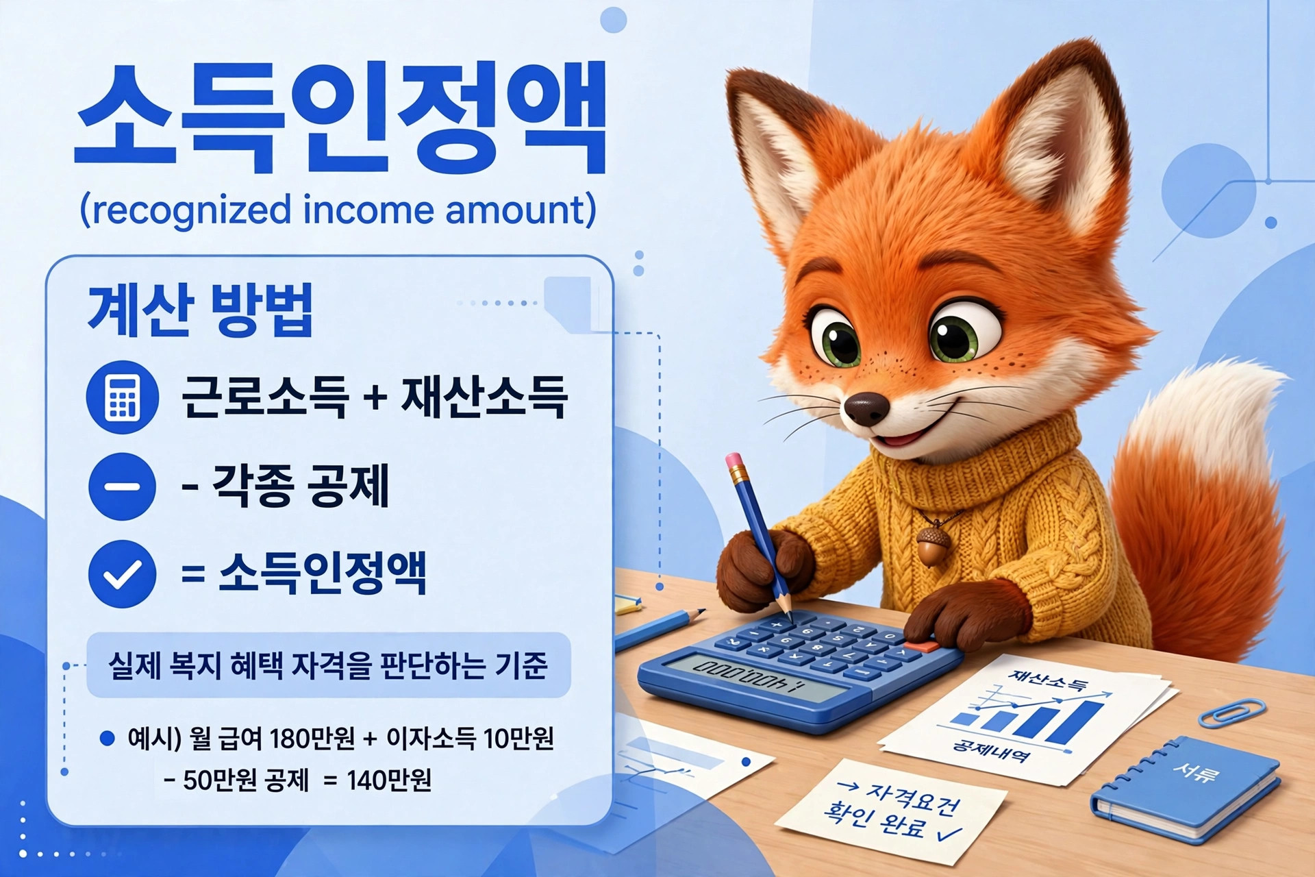 소득인정액 계산 방법을 설명하는 이미지로, 귀여운 여우 캐릭터가 계산기를 사용하여 근로소득과 재산소득을 합산하고 각종 공제를 적용해 최종 소득인정액을 계산하는 장면을 담고 있습니다. 소득인정액은 실제 복지 혜택 자격을 판단하는 기준으로 사용됩니다.