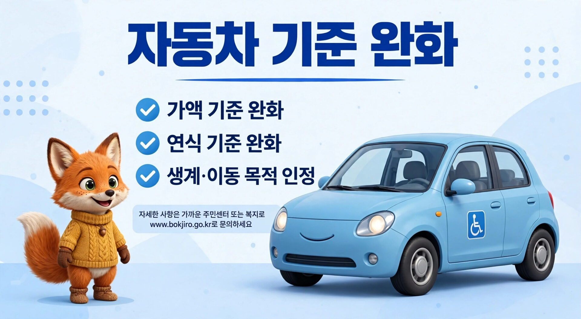 자동차 기준 완화에 대한 정보가 담긴 이미지로, 가격 기준 완화, 연식 기준 완화, 생계·이동 목적 인정 사항을 나열하고 있으며, 귀여운 여우 캐릭터와 장애인 전용 주차 표시가 있는 파란색 자동차가 포함되어 있습니다.