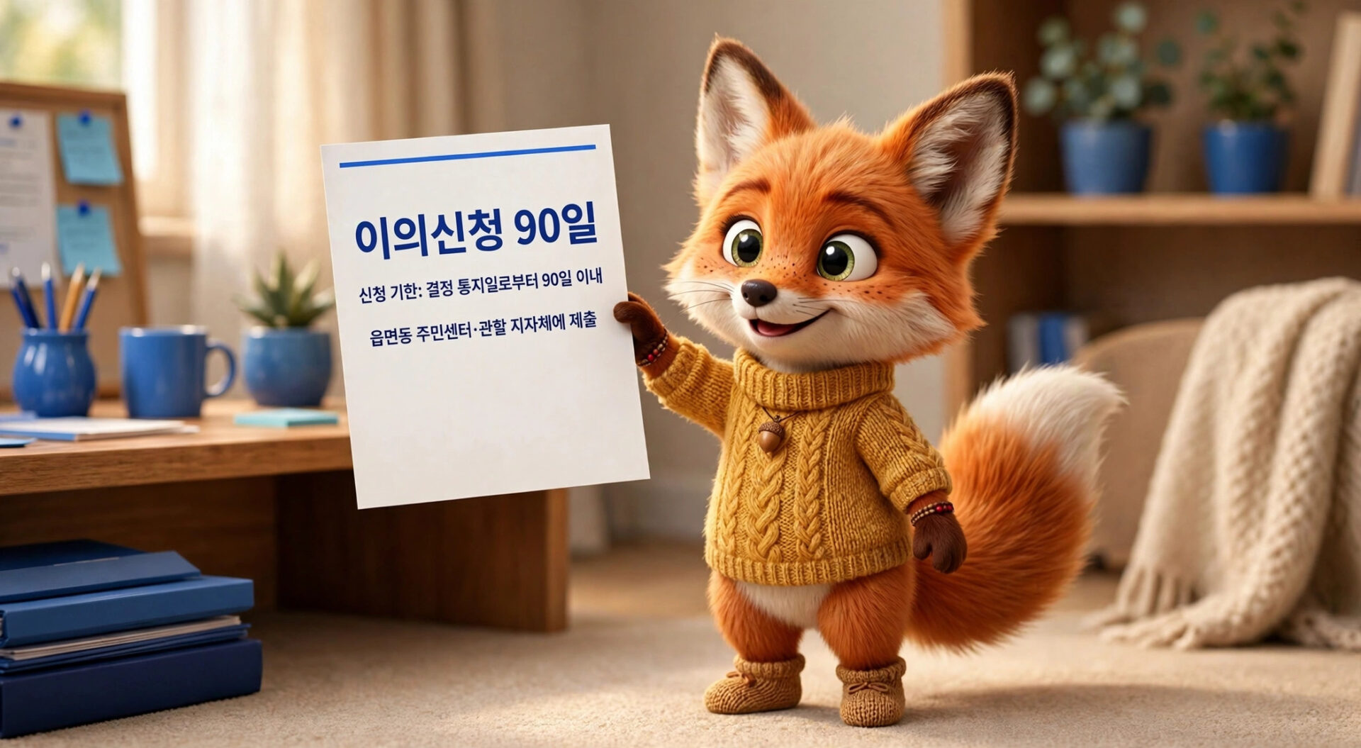 귀여운 여우 캐릭터가 "이의신청 90일"이라는 문서를 들고 있는 모습. 배경에는 사무 공간이 있으며, 파란색 컵과 문서가 정리되어 있다. 캐릭터는 노란색 스웨터를 입고 있다.