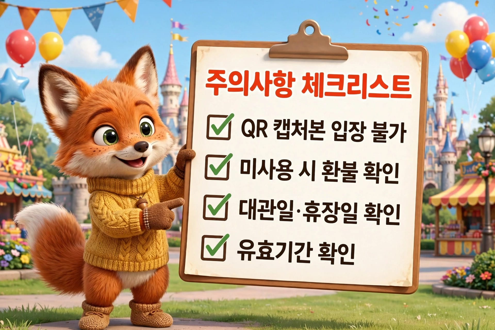 귀여운 여우 캐릭터가 체크리스트를 들고 있는 이미지로, 주요사항 체크리스트에는 QR 캡처본 입장 불가, 미사용 시 환불 확인, 대관일 및 휴장일 확인, 유효기간 확인이 포함되어 있습니다. 배경에는 놀이공원과 성이 보입니다.