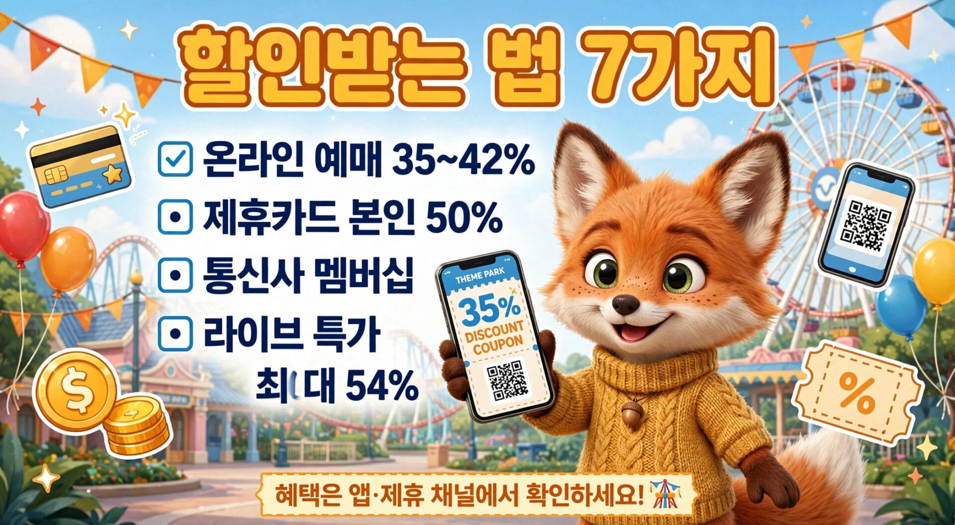 테마파크 할인 정보를 제공하는 이미지로, 온라인 예매 시 35%에서 42% 할인, 제휴카드 사용 시 50% 할인, 통신사 멤버십 및 라이브 특가 혜택을 안내합니다. QR코드와 할인 쿠폰이 포함되어 있습니다.