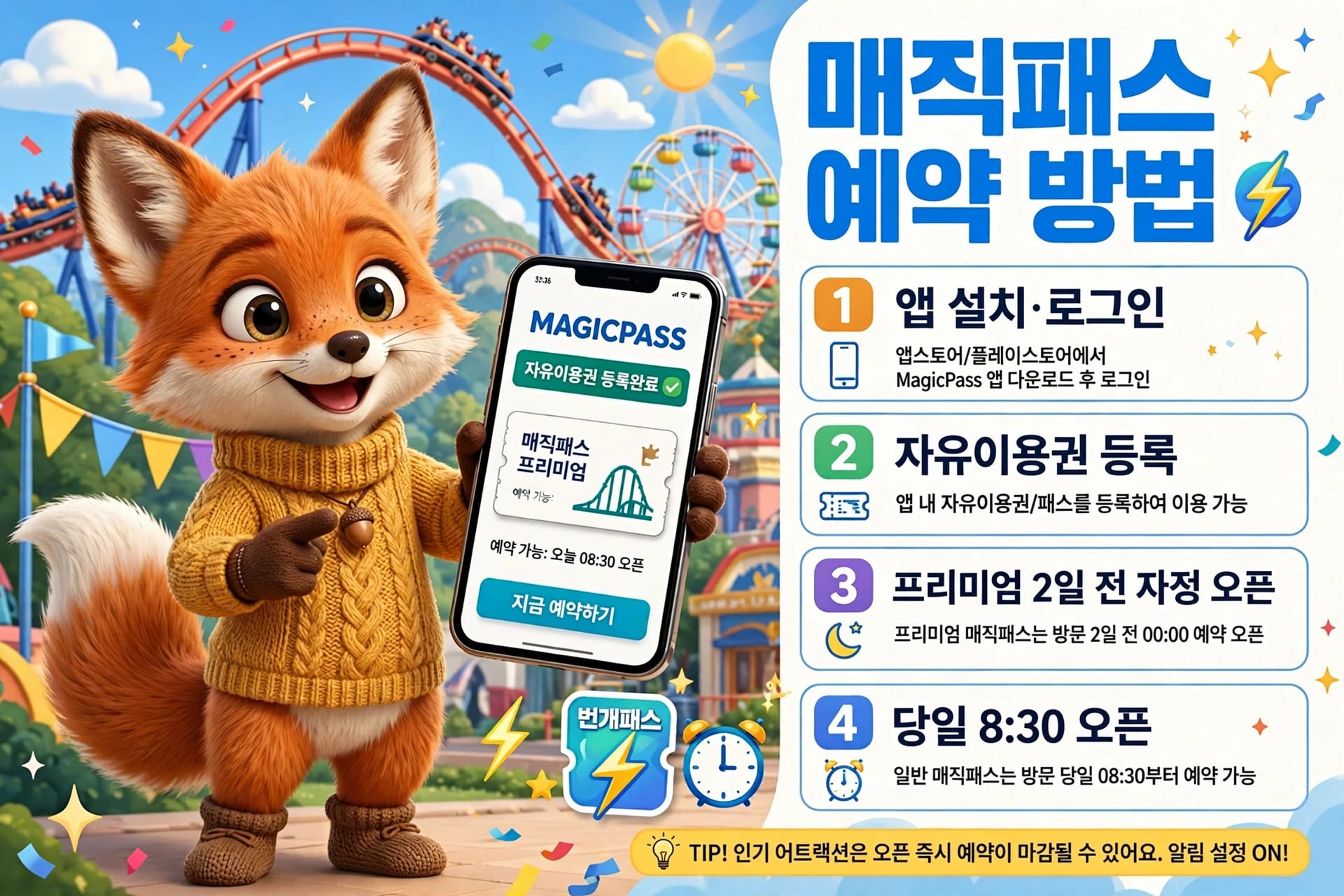 매직패스 예약 방법 안내 이미지, 귀여운 여우 캐릭터가 스마트폰을 들고 있으며, 배경에는 롤러코스터와 축제 장식이 보임. 이미지에는 앱 설치, 자유이용권 등록, 프리미엄 예약 오픈 시간 등의 정보가 포함되어 있음.