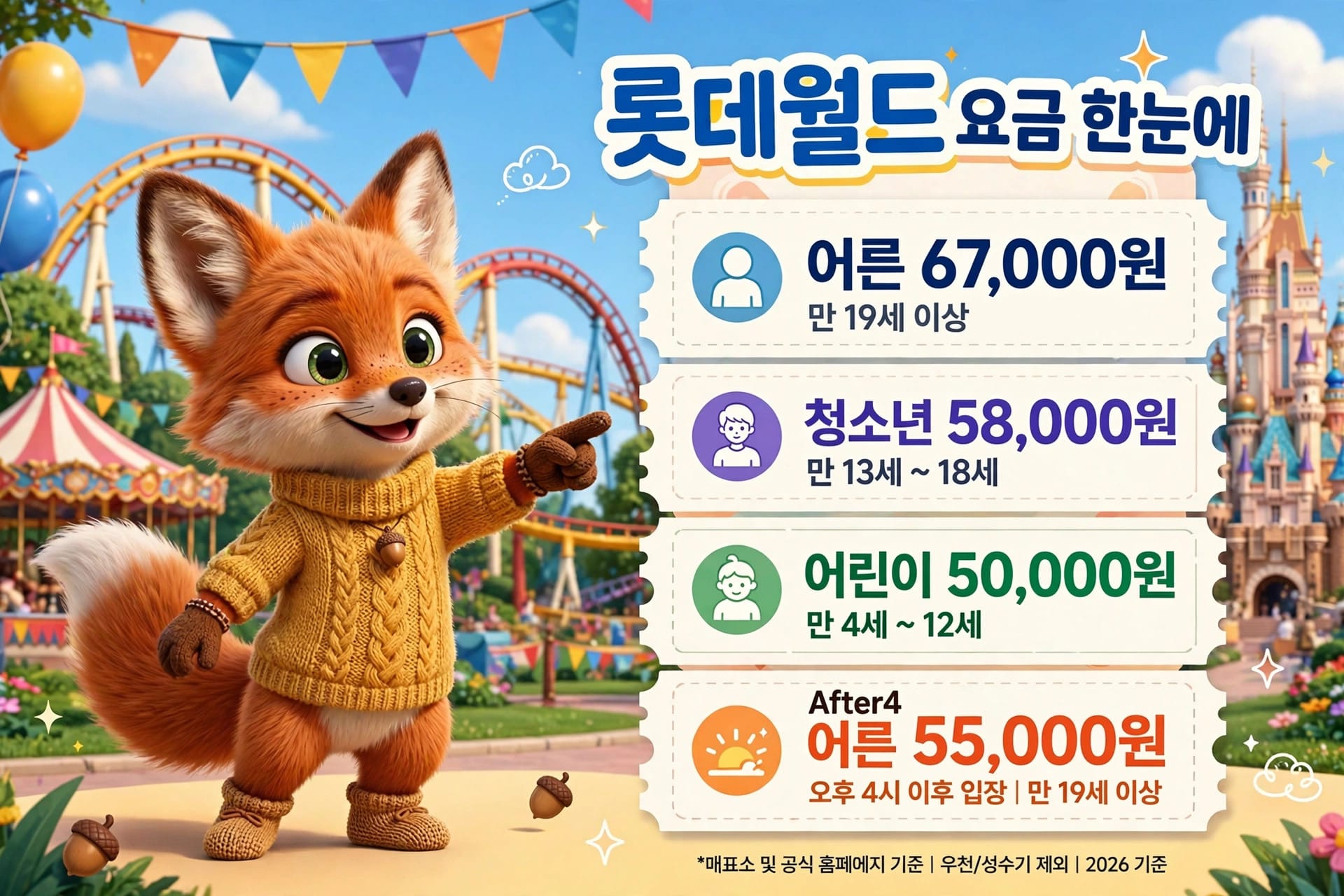 롯데월드 요금 안내 이미지, 귀여운 여우 캐릭터가 노란 스웨터를 입고 있으며, 배경에는 롤러코스터와 놀이기구가 보임. 요금 정보는 성인 67,000원, 청소년 58,000원, 어린이 50,000원, 오후 4시 이후 성인 55,000원으로 표시됨.