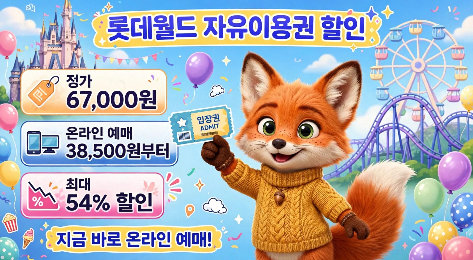 롯데월드 자유이용권 할인 광고 이미지, 정가 67,000원에서 온라인 예매 시 38,500원부터 구매 가능, 최대 54% 할인 혜택 제공, 귀여운 여우 캐릭터가 입장권을 들고 있는 모습.