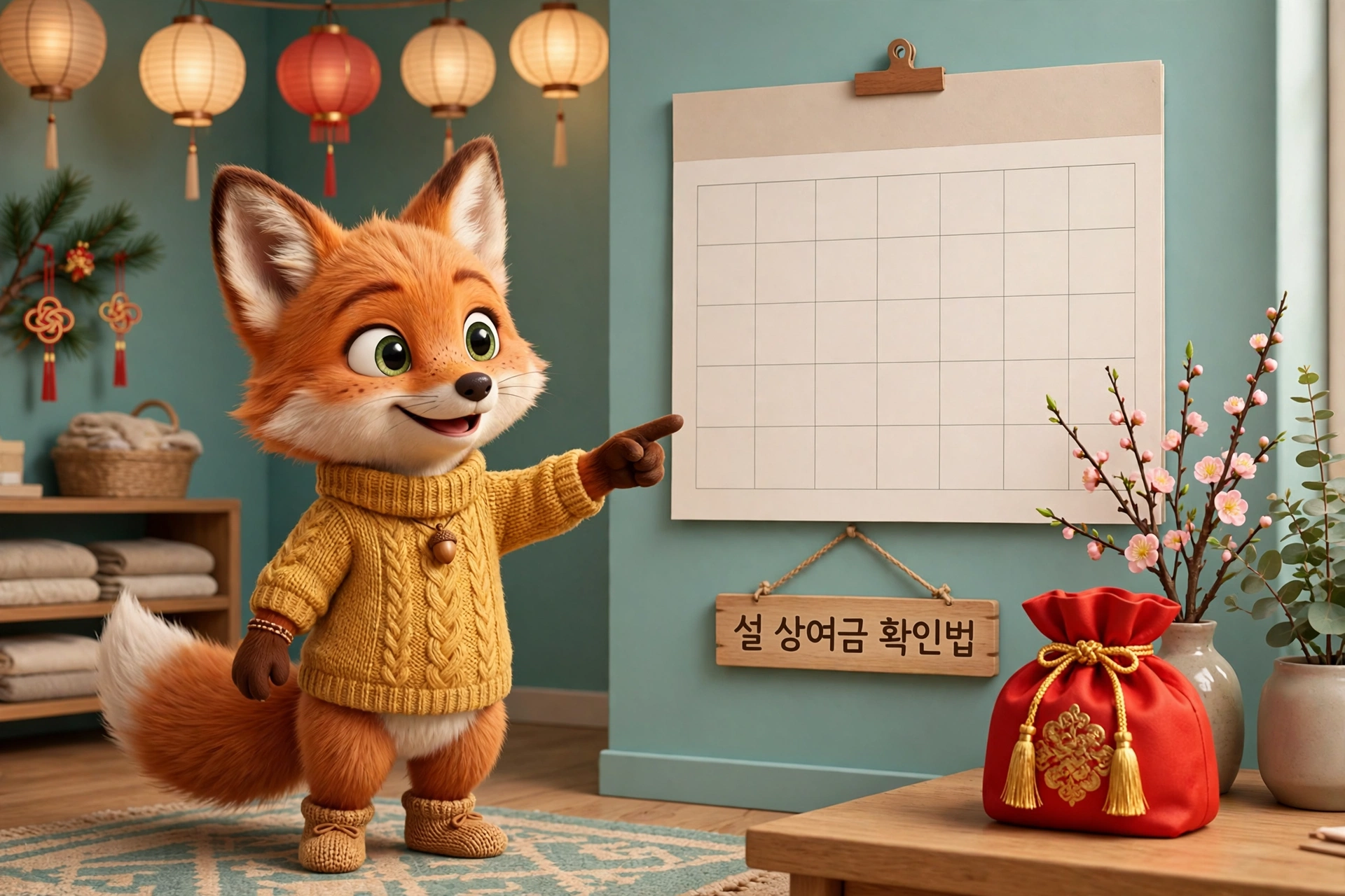 설 상여금 확인법을 달력 앞에서 안내하는 여우 캐릭터