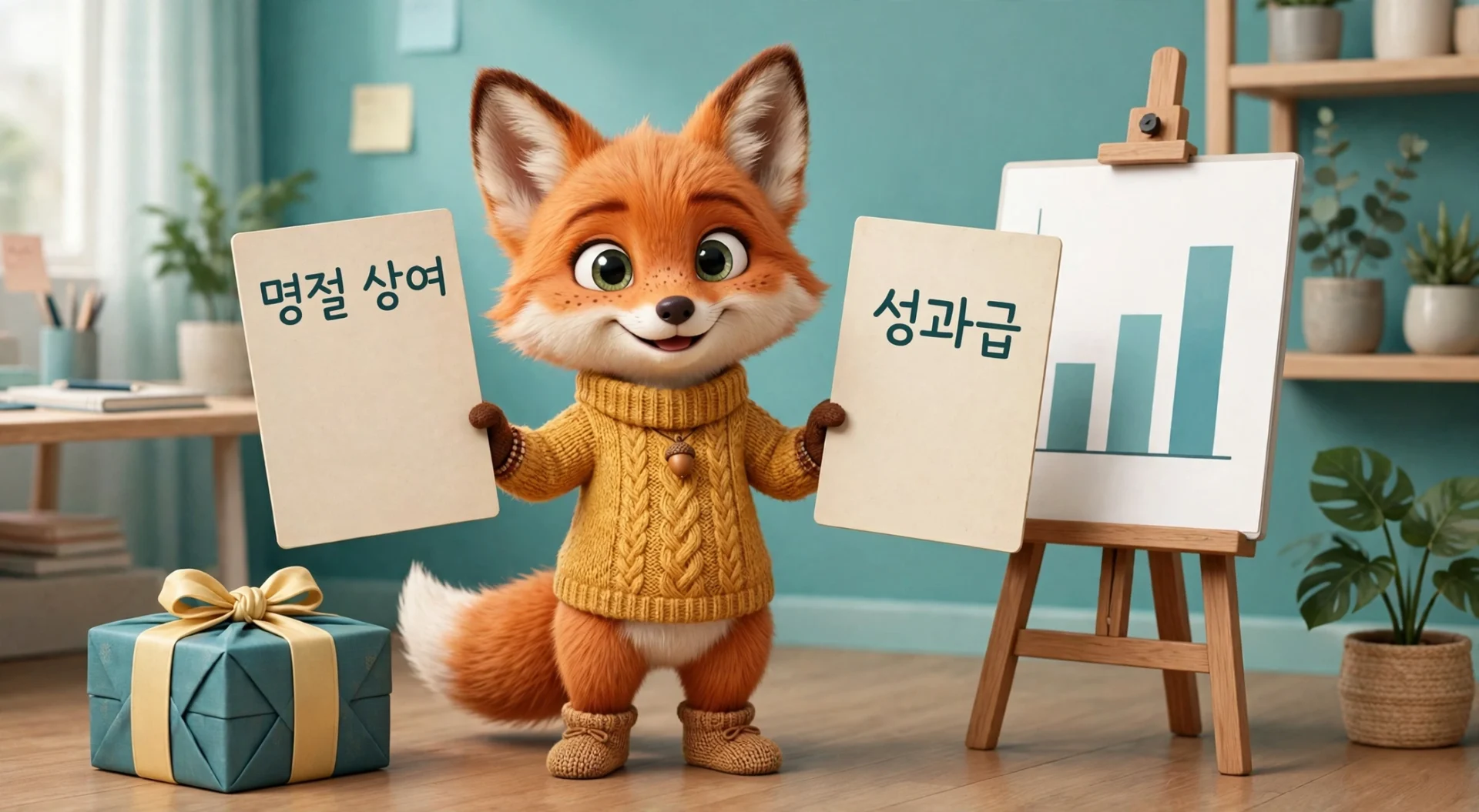 명절 상여와 성과급 차이를 비교해 보여주는 여우 캐릭터