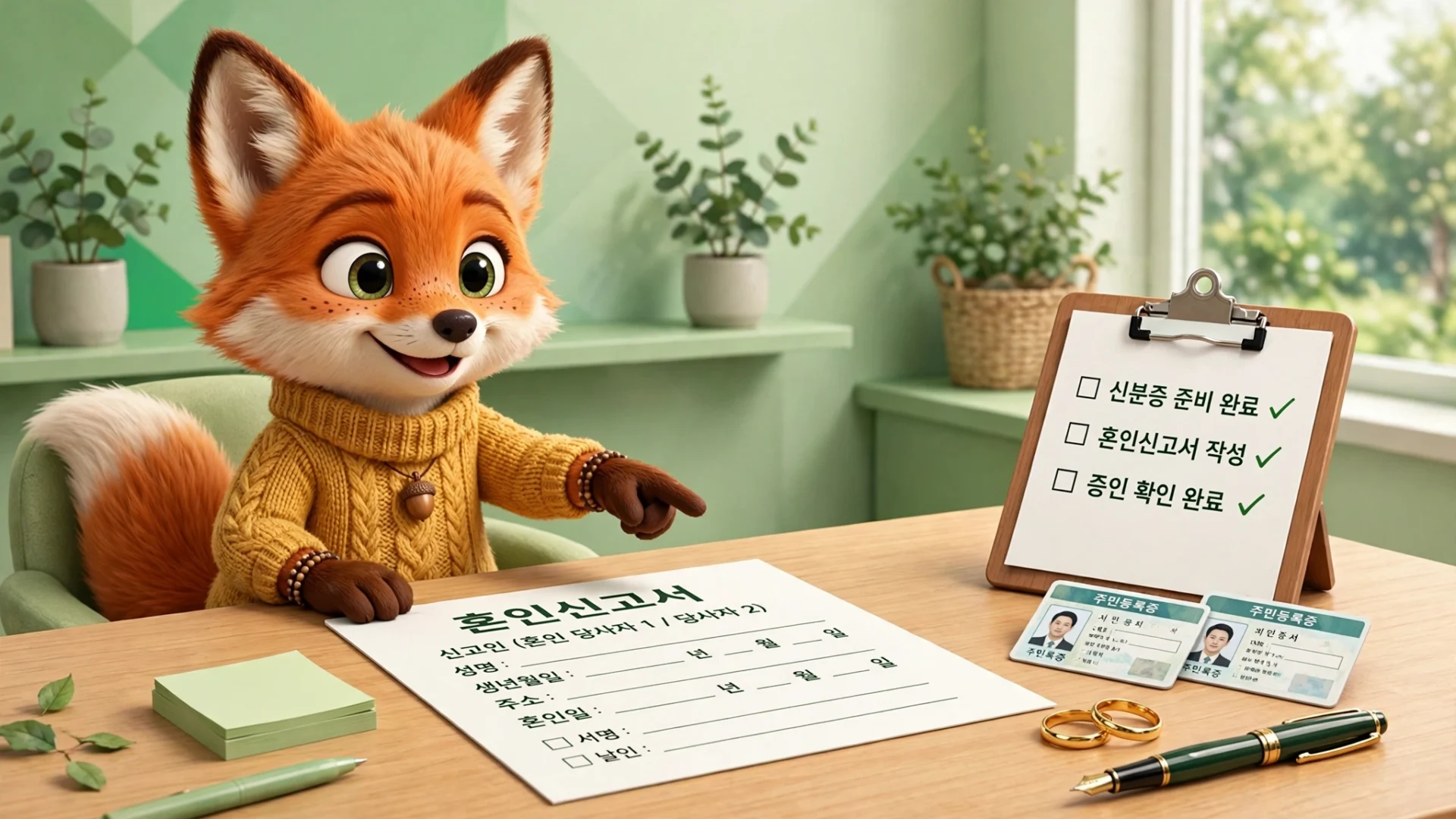 혼인신고 방법 준비물 혼인신고서와 신분증 증인 체크리스트를 안내하는 여우 캐릭터