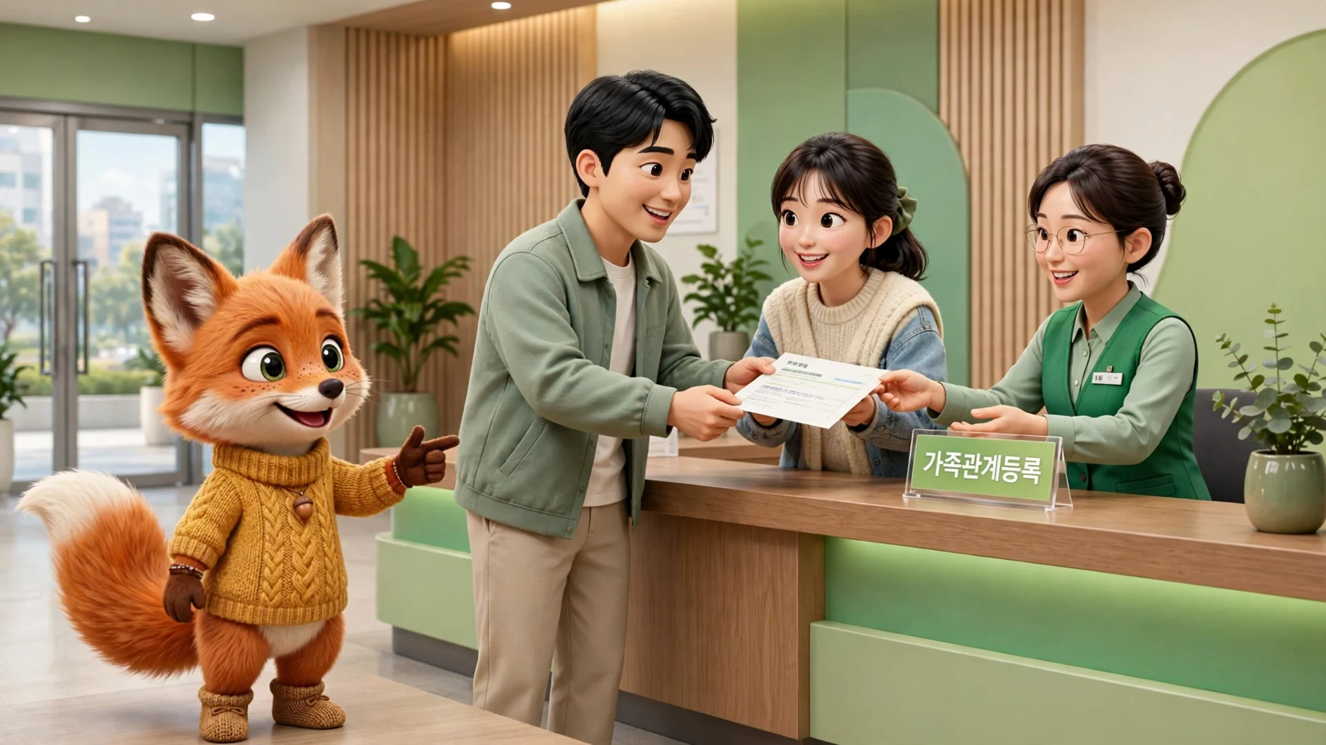 혼인신고 방문 접수 구청 가족관계등록 창구에서 서류를 제출하는 부부