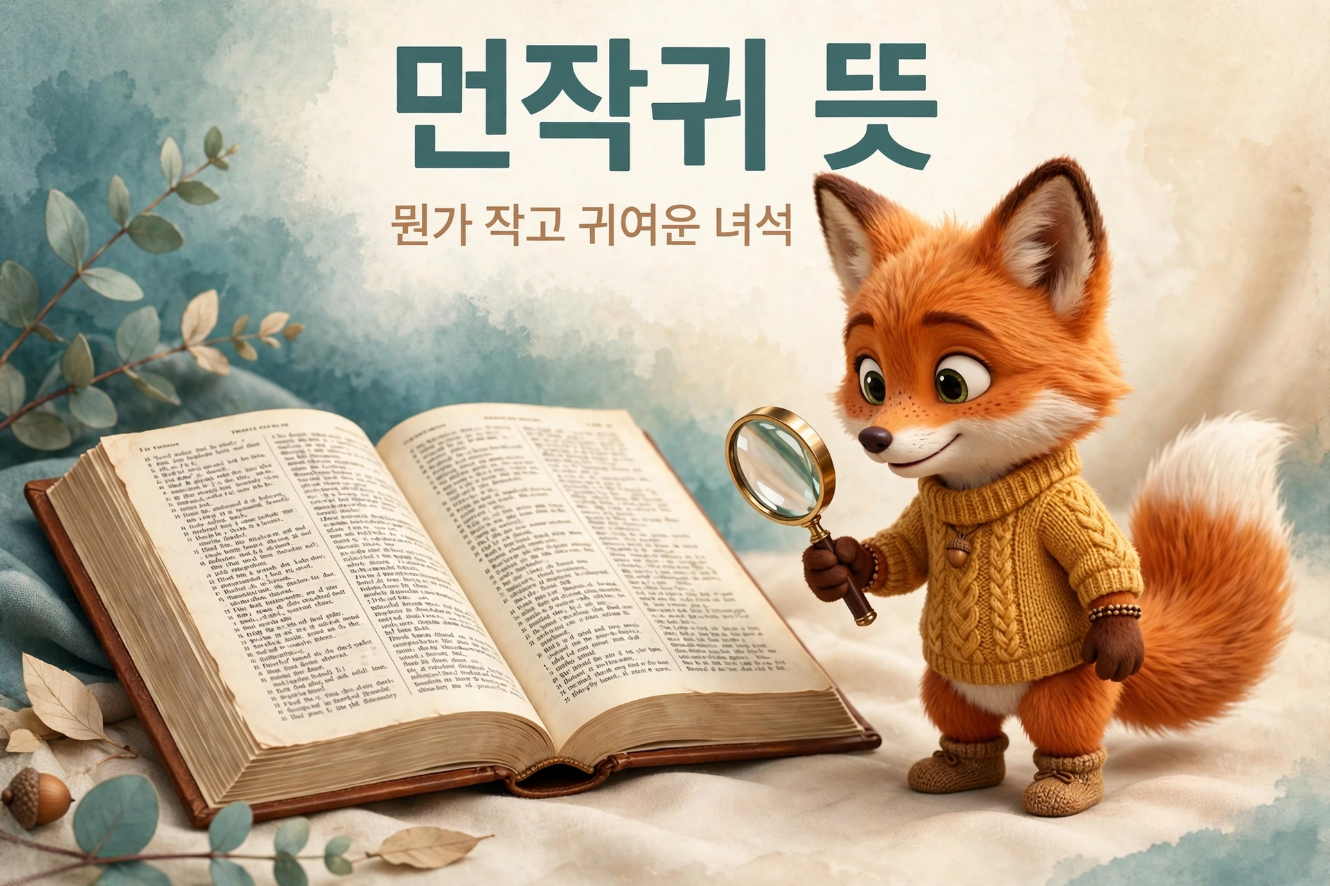 먼작귀 뜻을 설명하는 여우 캐릭터와 사전