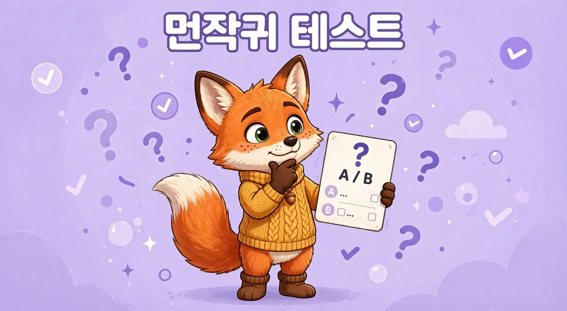 먼작귀 테스트 퀴즈 카드를 든 여우 캐릭터