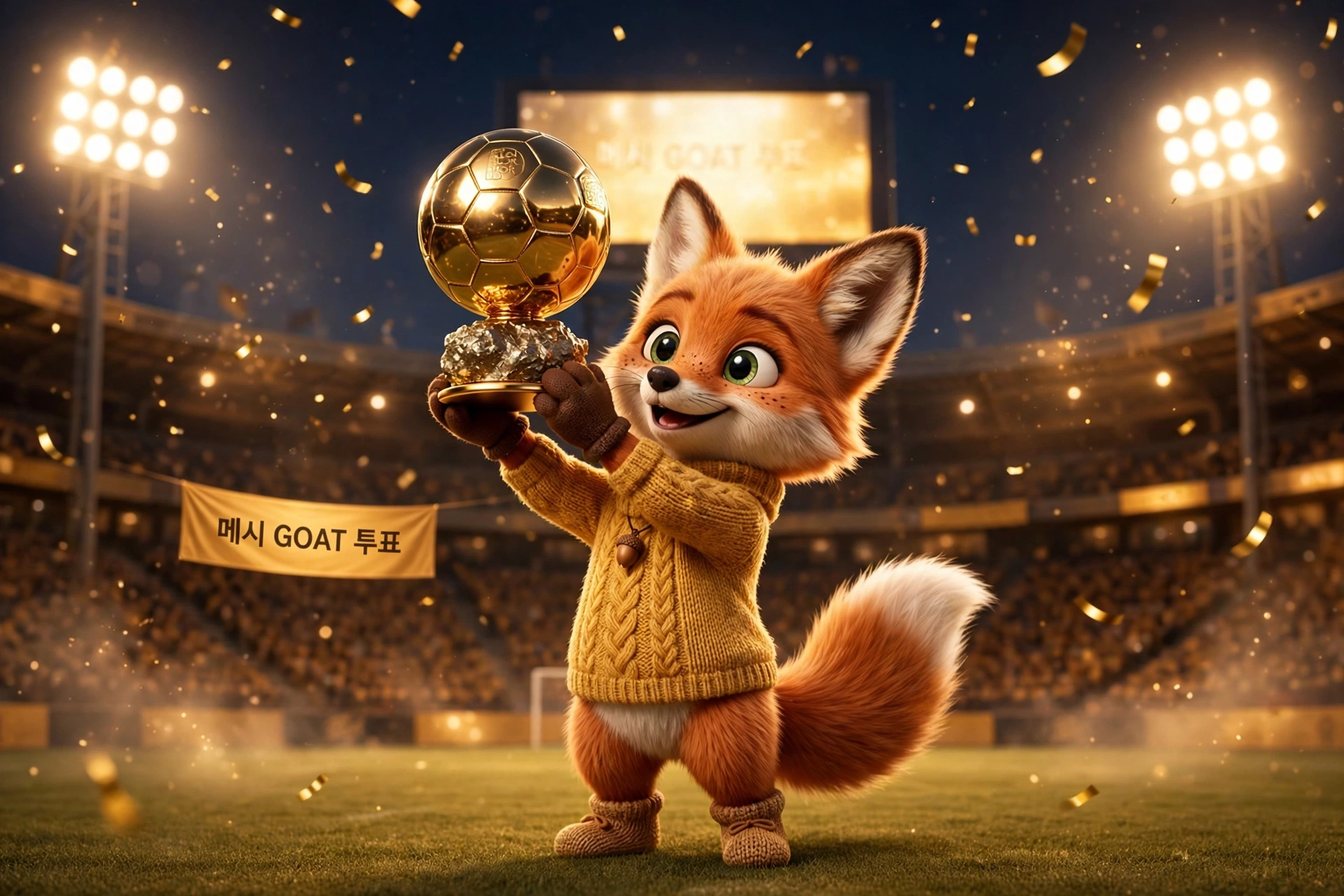 메시 GOAT 투표 황금 트로피를 든 여우 캐릭터