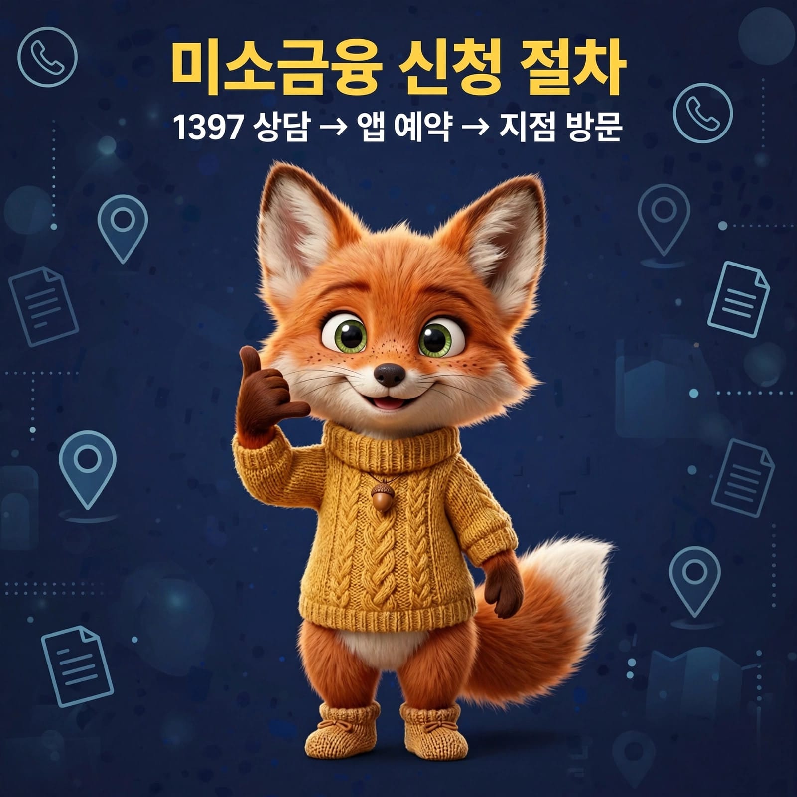미소금융 신청 절차를 안내하는 캐릭터 이미지로, 1397 상담, 앱 예약, 지점 방문의 단계를 보여줌.