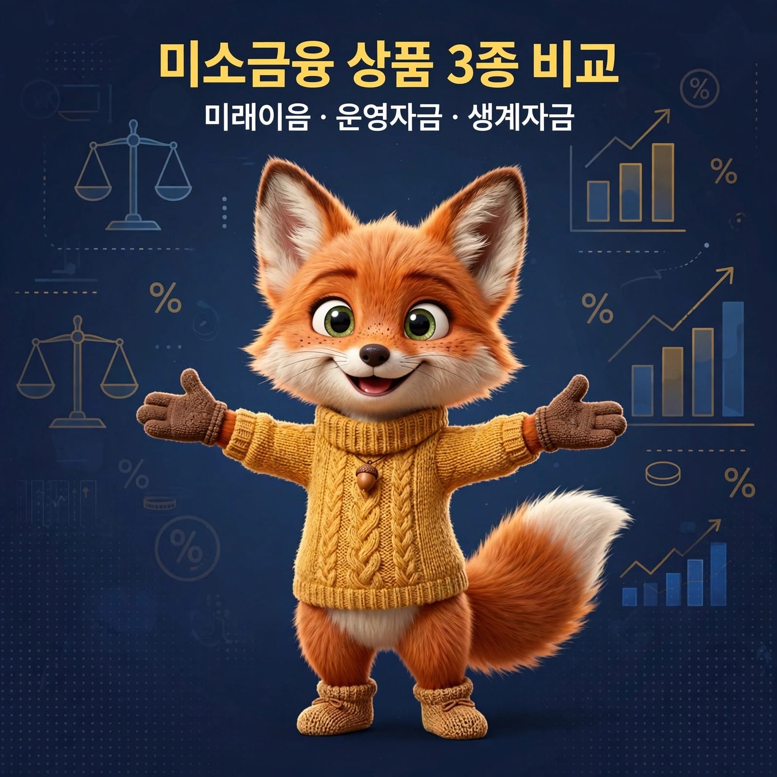 미소금융 상품 비교를 나타내는 귀여운 여우 캐릭터, 미래이음, 운영자금, 생계자금 관련 정보를 시각적으로 설명하는 이미지. 배경에는 그래프와 비율 기호가 포함되어 있어 금융 데이터를 강조.