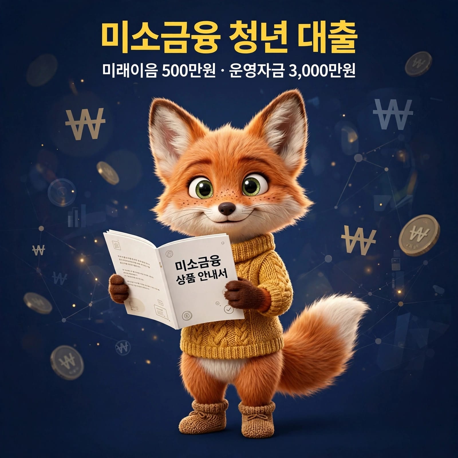 미소금융 청년 대출 안내서와 함께 귀여운 여우 캐릭터가 등장하는 이미지, 대출 정보는 미래이음 500만원 및 운영자금 3,000만원 포함.