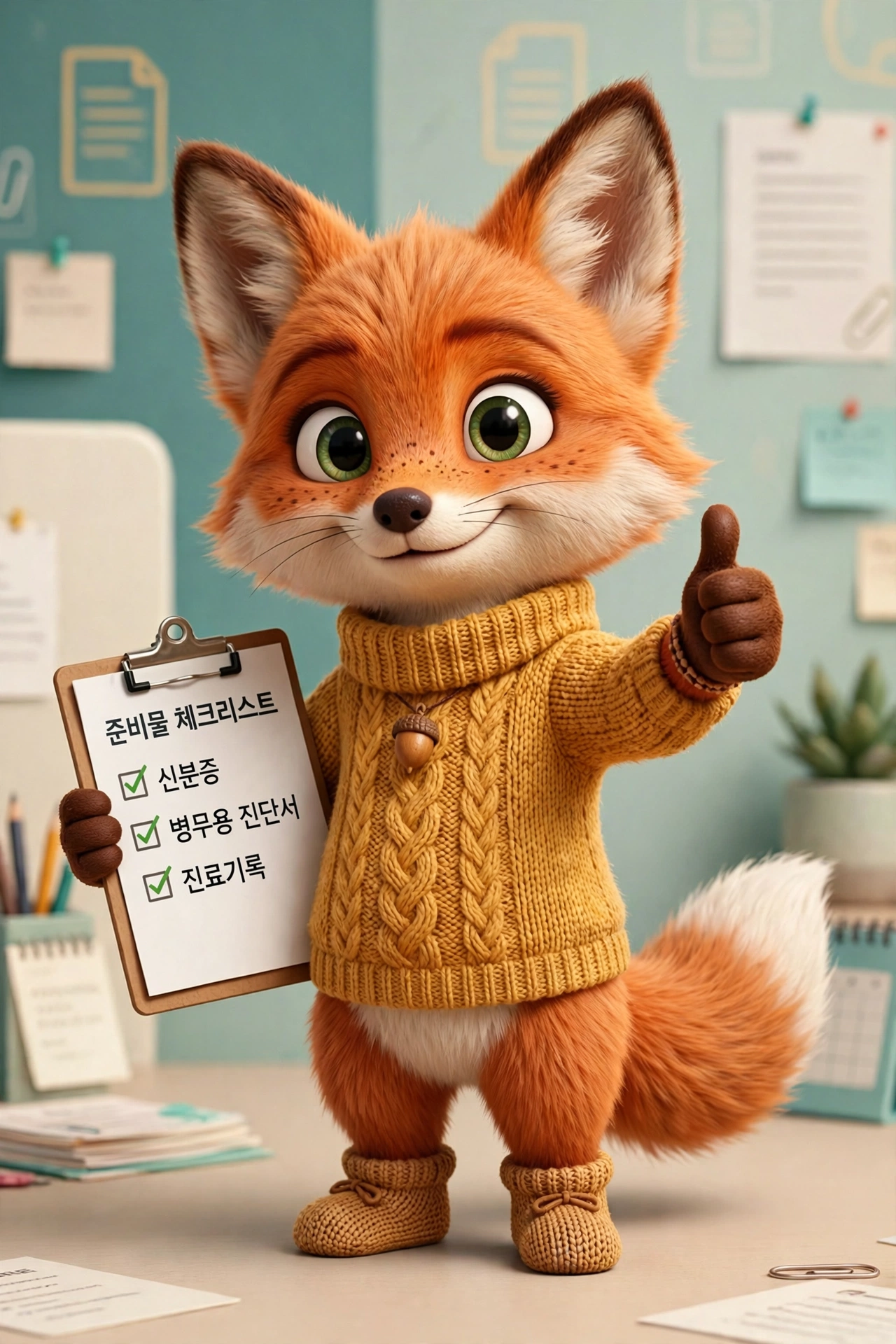 병역판정검사 준비물 체크리스트를 든 여우 캐릭터