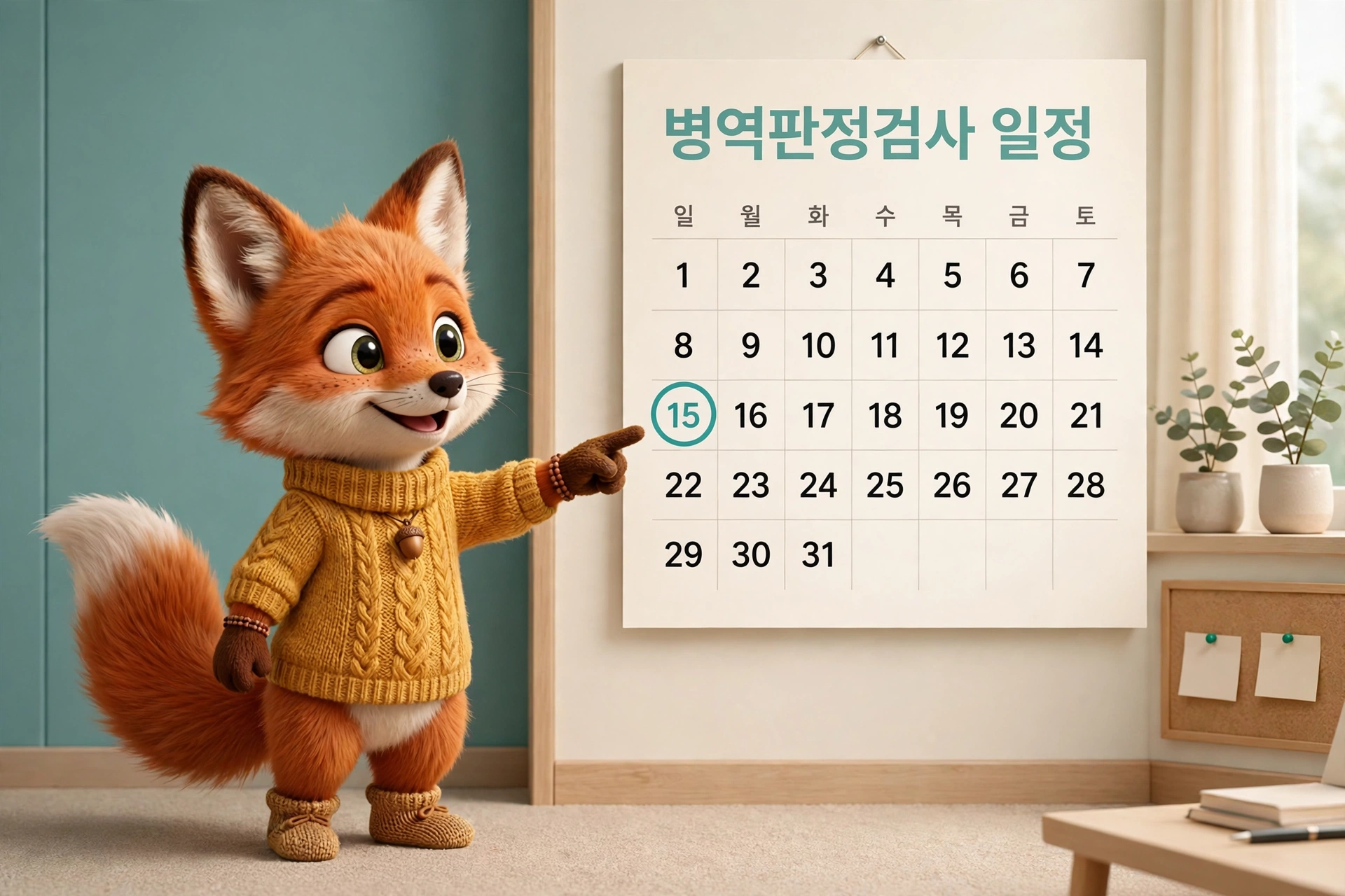 병무청 병역판정검사 일정 조회를 달력 화면으로 안내하는 여우 캐릭터