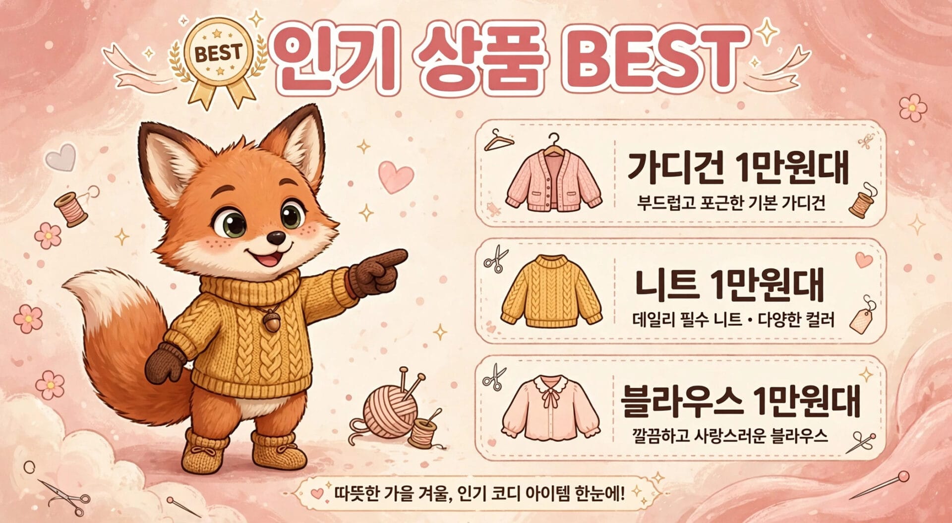 귀여운 여우 캐릭터가 겨울 의류를 소개하는 이미지, 인기 상품 목록에는 가디건, 니트, 블라우스가 포함되어 있으며 각 제품의 특징과 가격이 설명되어 있음. 배경은 따뜻한 핑크 톤으로 꾸며져 있음.
