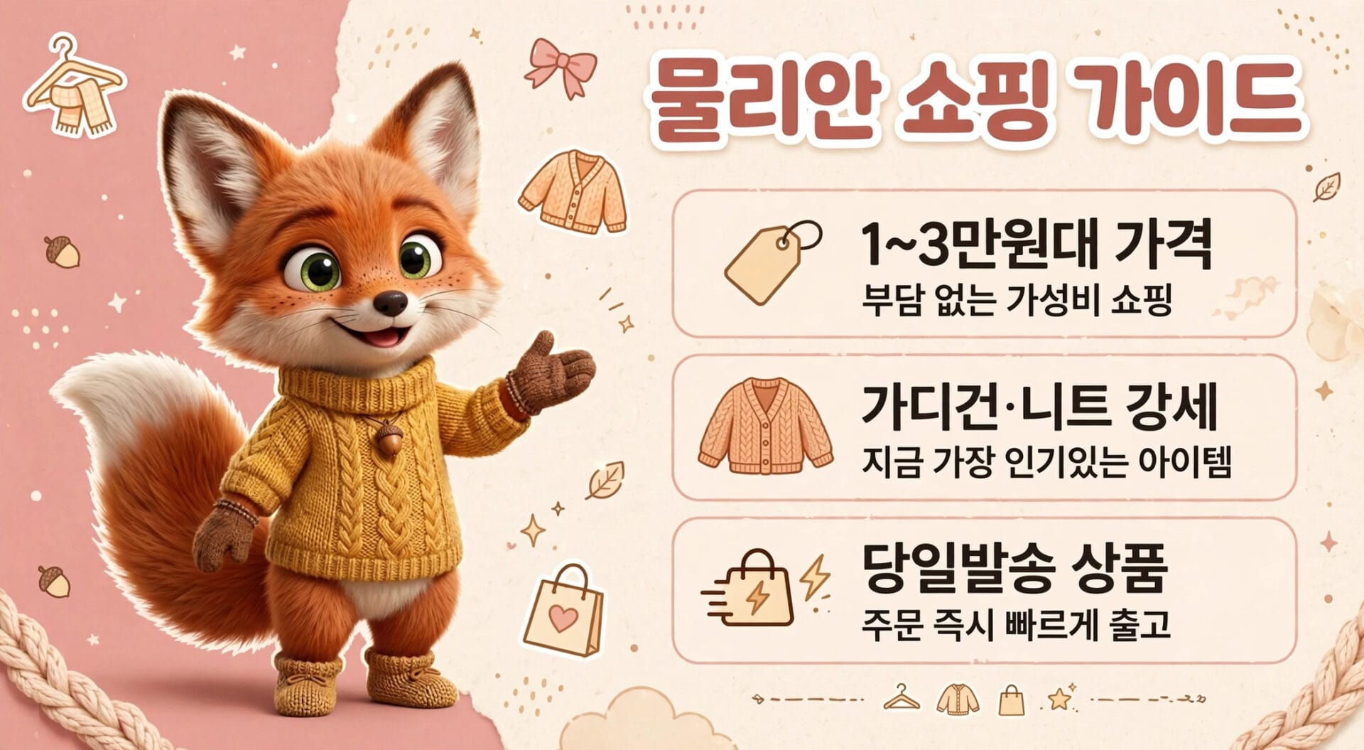 귀여운 여우 캐릭터가 노란색 스웨터를 입고 있는 이미지로, 물리안 쇼핑 가이드와 관련된 정보를 전달합니다. 1~3만원대 가격의 부담 없는 가성비 쇼핑, 현재 가장 인기 있는 가디건과 니트 강세 아이템, 당일 발송 상품에 대한 안내가 포함되어 있습니다.