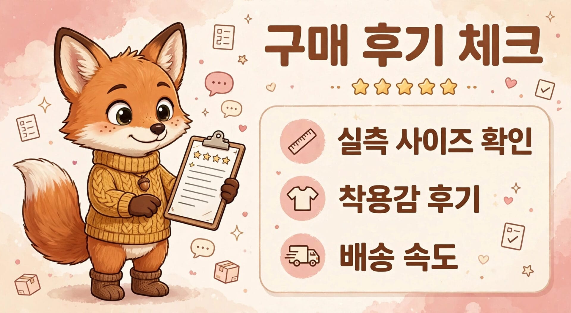 구매 후기를 체크하는 귀여운 여우 캐릭터, 실측 사이즈 확인, 착용감 후기, 배송 속도와 관련된 아이콘이 포함된 이미지.