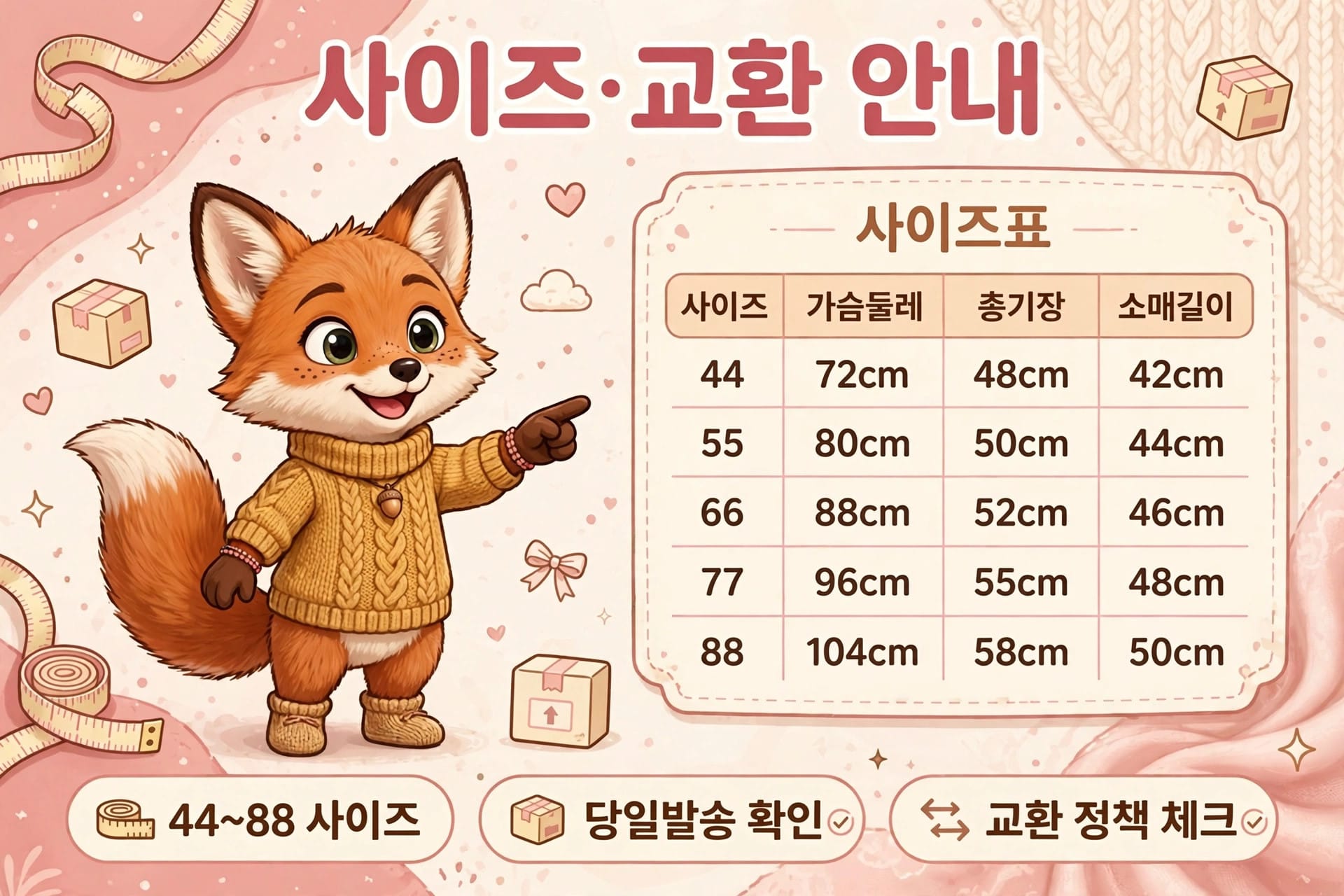 사이즈 및 교환 안내 이미지, 귀여운 여우 캐릭터와 함께 44부터 88까지의 사이즈 표 제공. 각 사이즈에 대한 가슴둘레, 총기장, 소매길이 정보 포함.