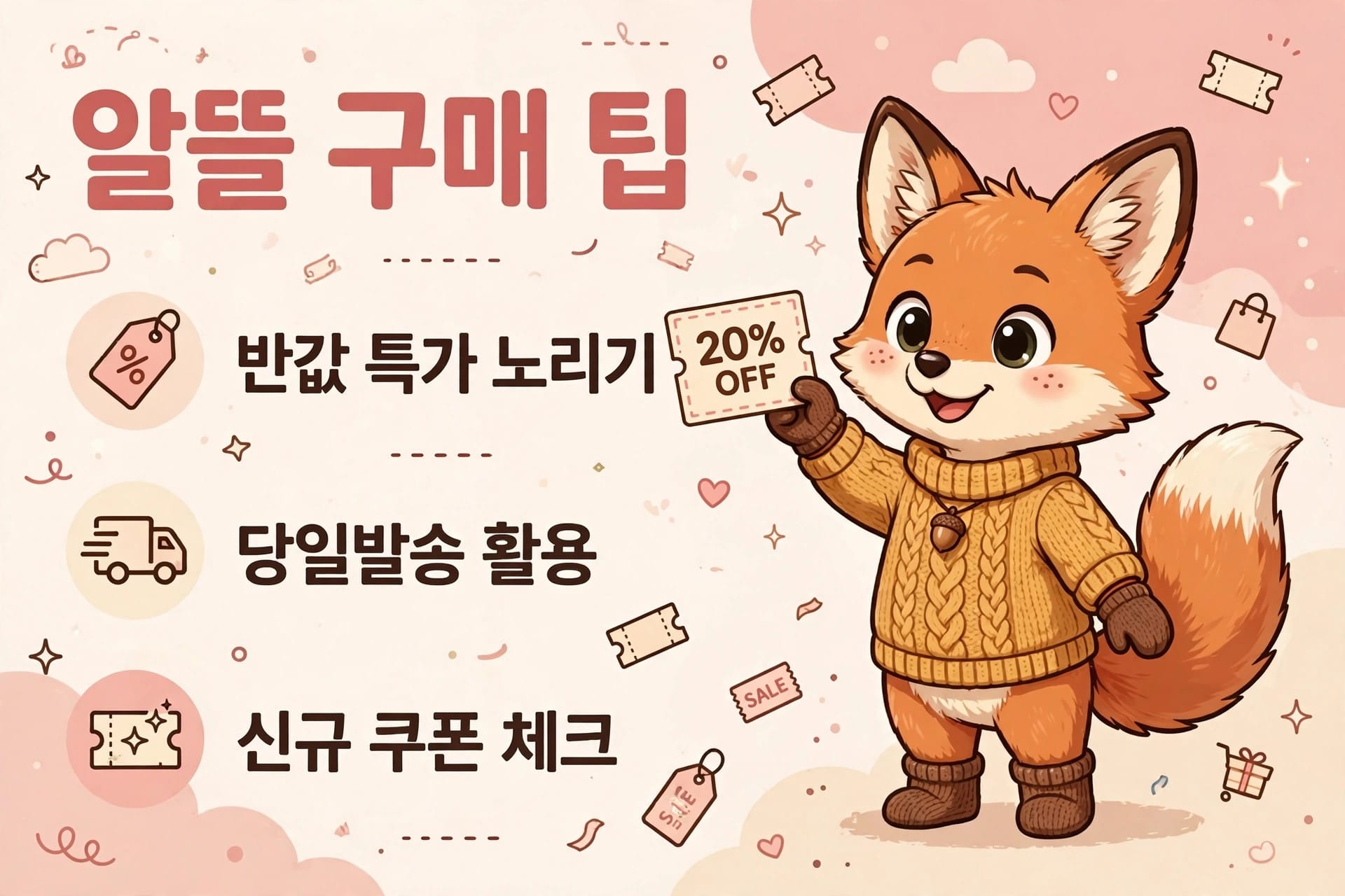 귀여운 여우 캐릭터가 20% 할인 쿠폰을 들고 있는 이미지로, 알뜰 구매 팁을 안내하는 내용이 포함되어 있으며, 반값 특가, 당일 배송, 신규 쿠폰 체크 정보가 나열되어 있습니다.