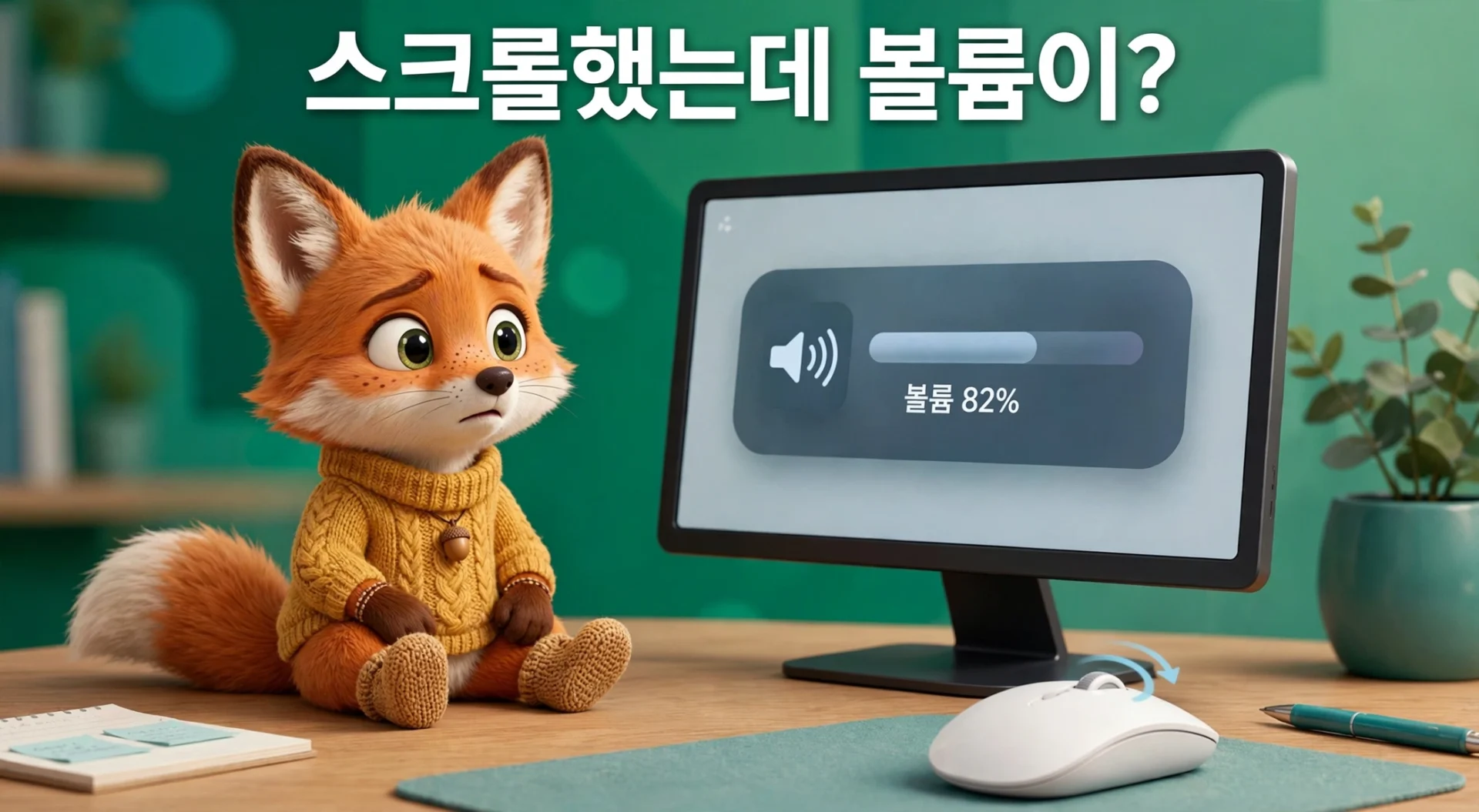 마우스 휠 스크롤하면 볼륨 조절될 때 증상 — 모니터에 볼륨 팝업이 뜬 화면을 보는 여우