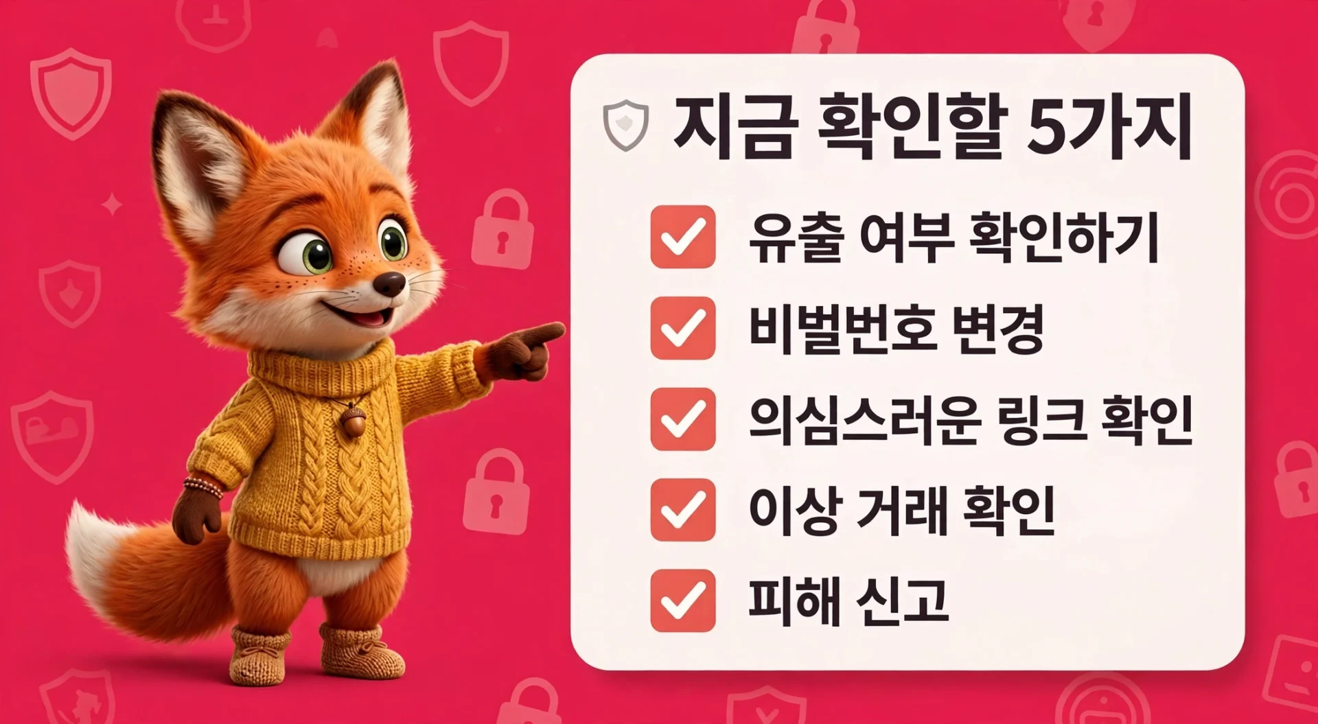 마이리얼트립 개인정보 유출 여부 확인을 안내하는 여우 캐릭터와 체크리스트 화면
