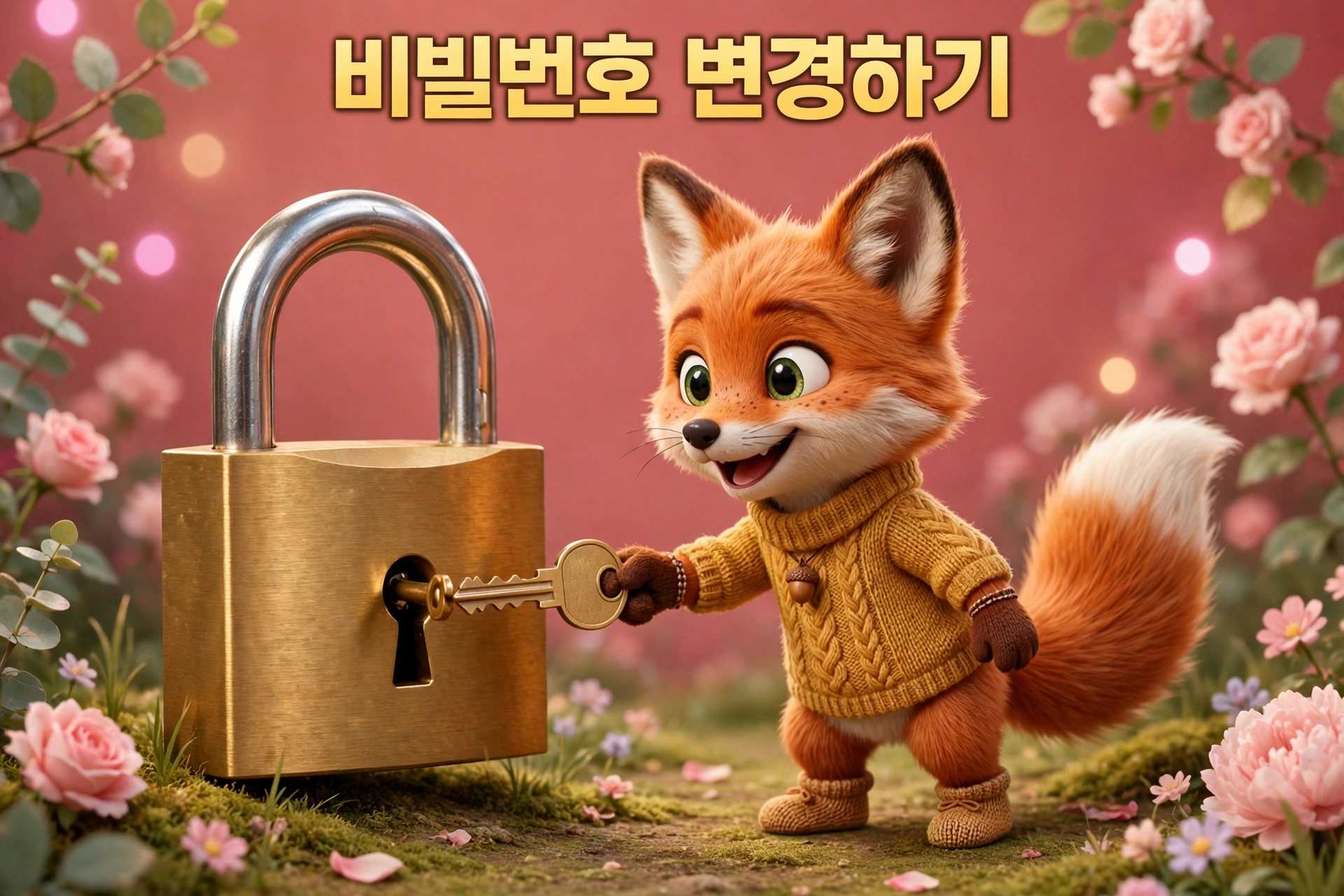 비밀번호 변경을 안내하는 여우 캐릭터와 자물쇠