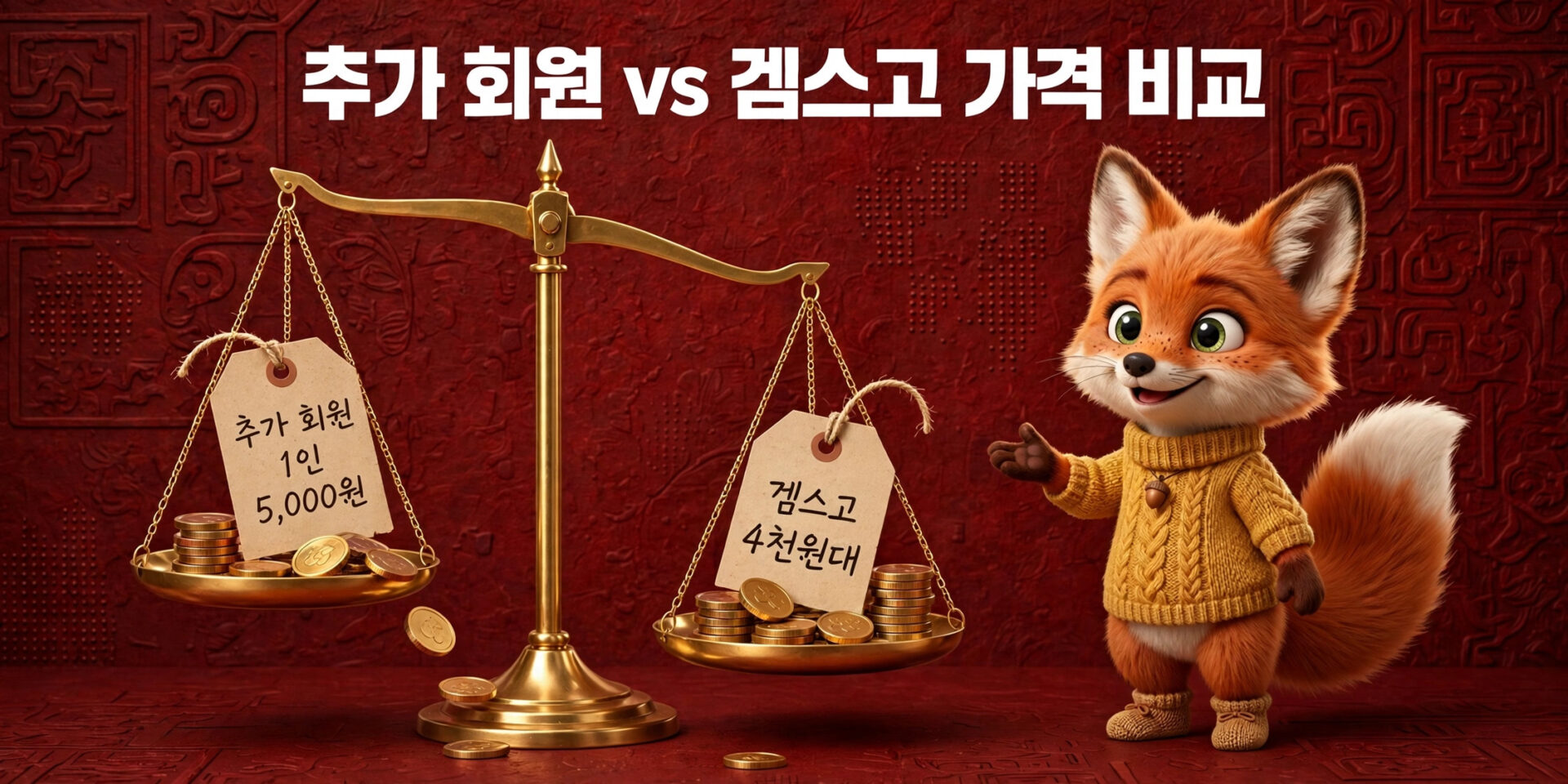 추가 회원과 게임스코 가격 비교를 주제로 한 이미지로, 금전 저울에 각각 5,000원과 4천 원대의 가격이 적힌 태그가 달린 동전이 놓여 있다. 귀여운 여우 캐릭터가 저울 옆에서 설명하고 있는 모습.