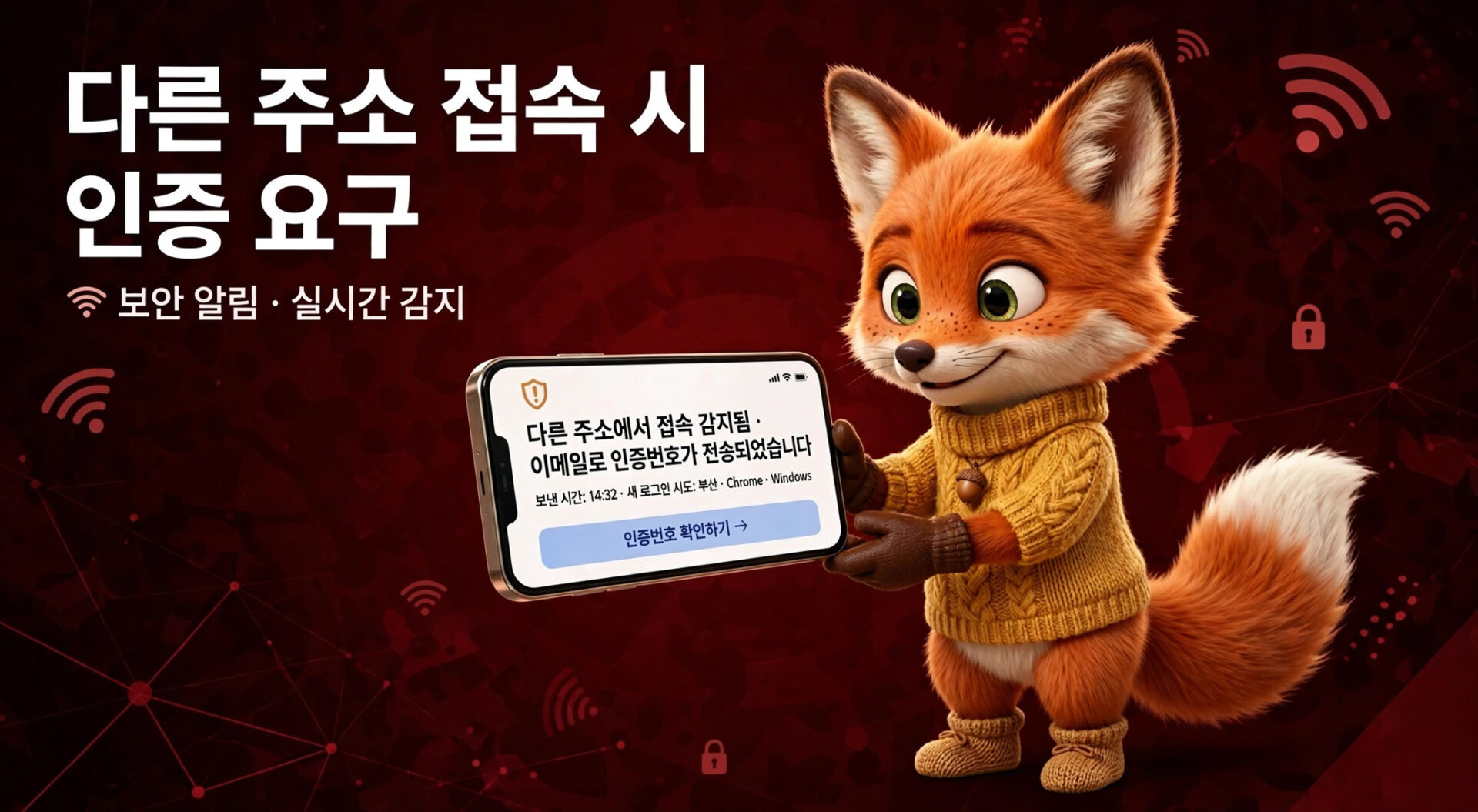 다른 주소에서 접속 시 인증 요구 알림 화면을 보여주는 귀여운 여우 캐릭터가 있는 이미지. 보안 경고 및 실시간 감지 기능을 강조하며, 스마트폰 화면에는 인증번호 전송 메시지가 표시됨.