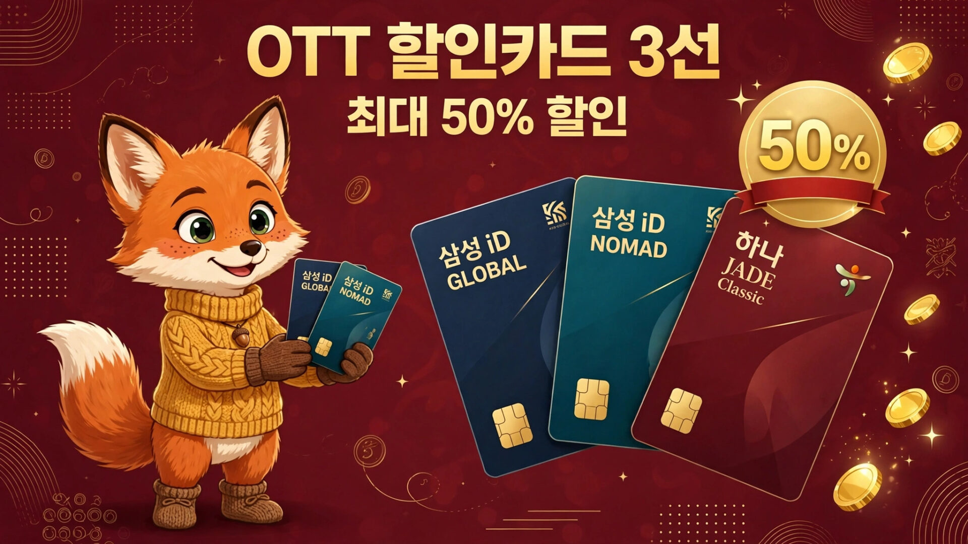 OTT 할인카드 3종과 최대 50% 할인 혜택을 제공하는 귀여운 여우 캐릭터의 이미지. 삼성 iD GLOBAL, 삼성 iD NOMAD, 하나 JADE Classic 카드가 포함되어 있음.