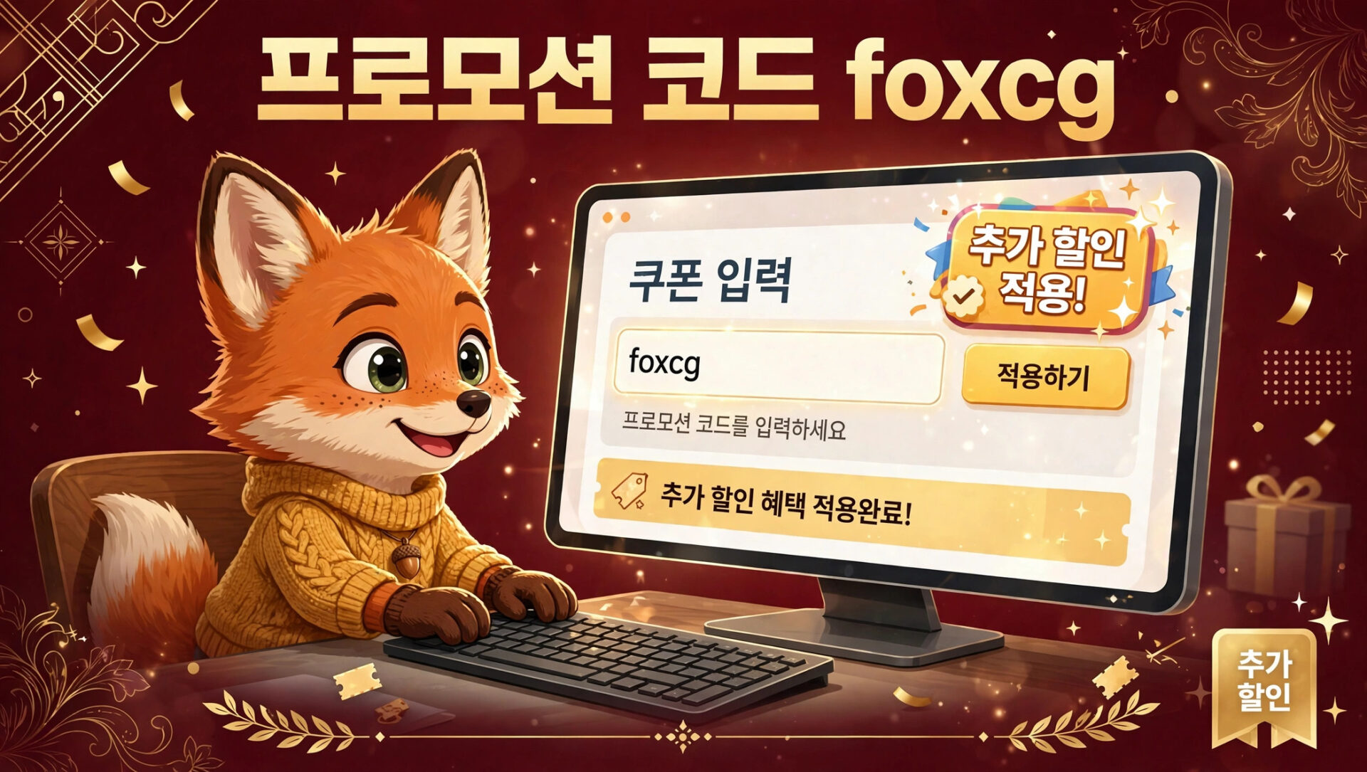 귀여운 여우 캐릭터가 컴퓨터 앞에서 프로모션 코드 'foxcg'를 입력하는 장면, 추가 할인 혜택을 강조하는 배경 디자인.