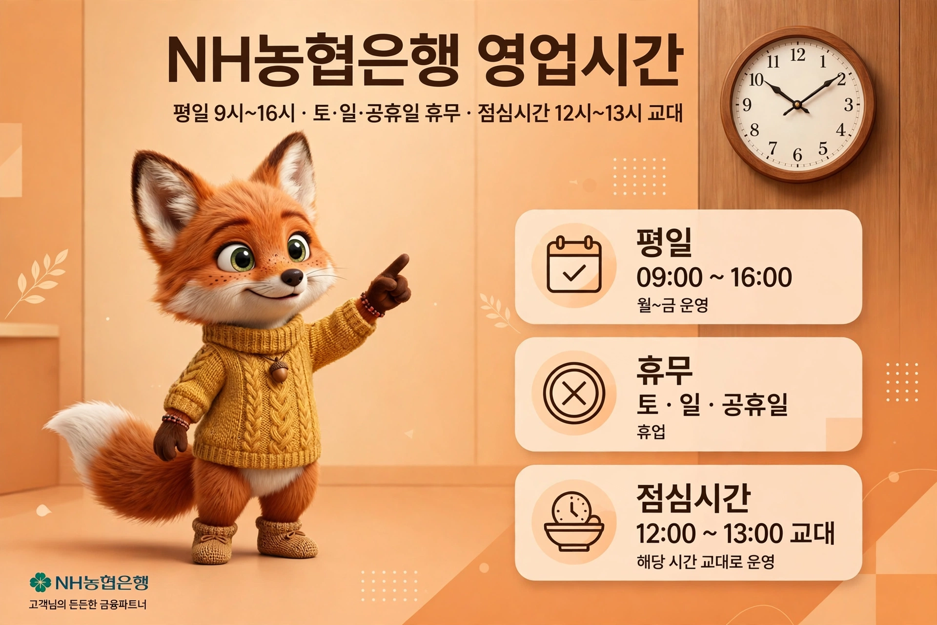 NH농협은행 영업시간 안내 — 평일 9시부터 16시까지, 토·일·공휴일 휴무, 점심시간 교대 운영