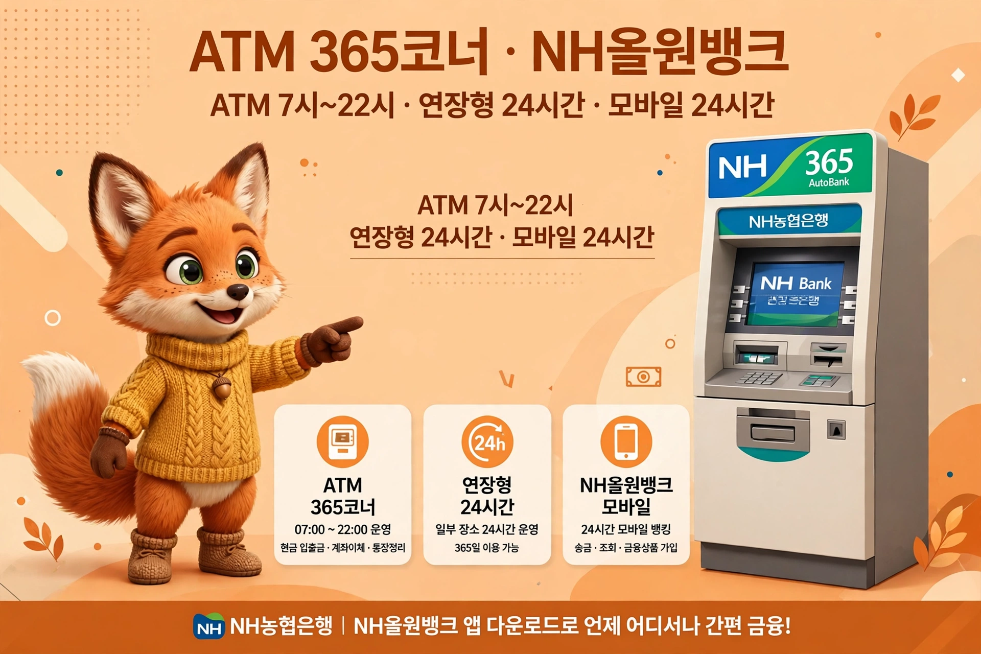 NH농협은행 ATM 365코너 · NH올원뱅크 — 지점·ATM 찾기, ATM 7시~22시 일부 24시간, 모바일뱅킹 24시간