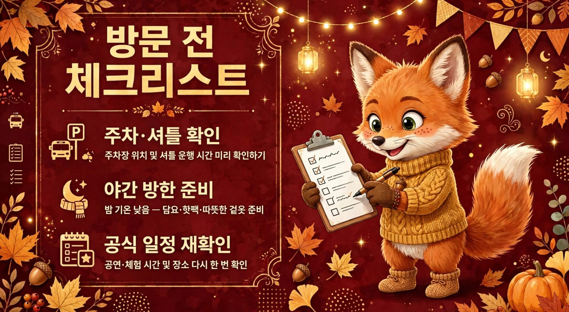 방문 전 체크리스트 이미지, 주차 및 셔틀 확인, 야간 방한 준비, 공식 일정 재확인 등 방문 준비 사항을 설명하는 아기 여우 캐릭터가 그려져 있음. 배경은 가을 테마로 장식되어 있음.