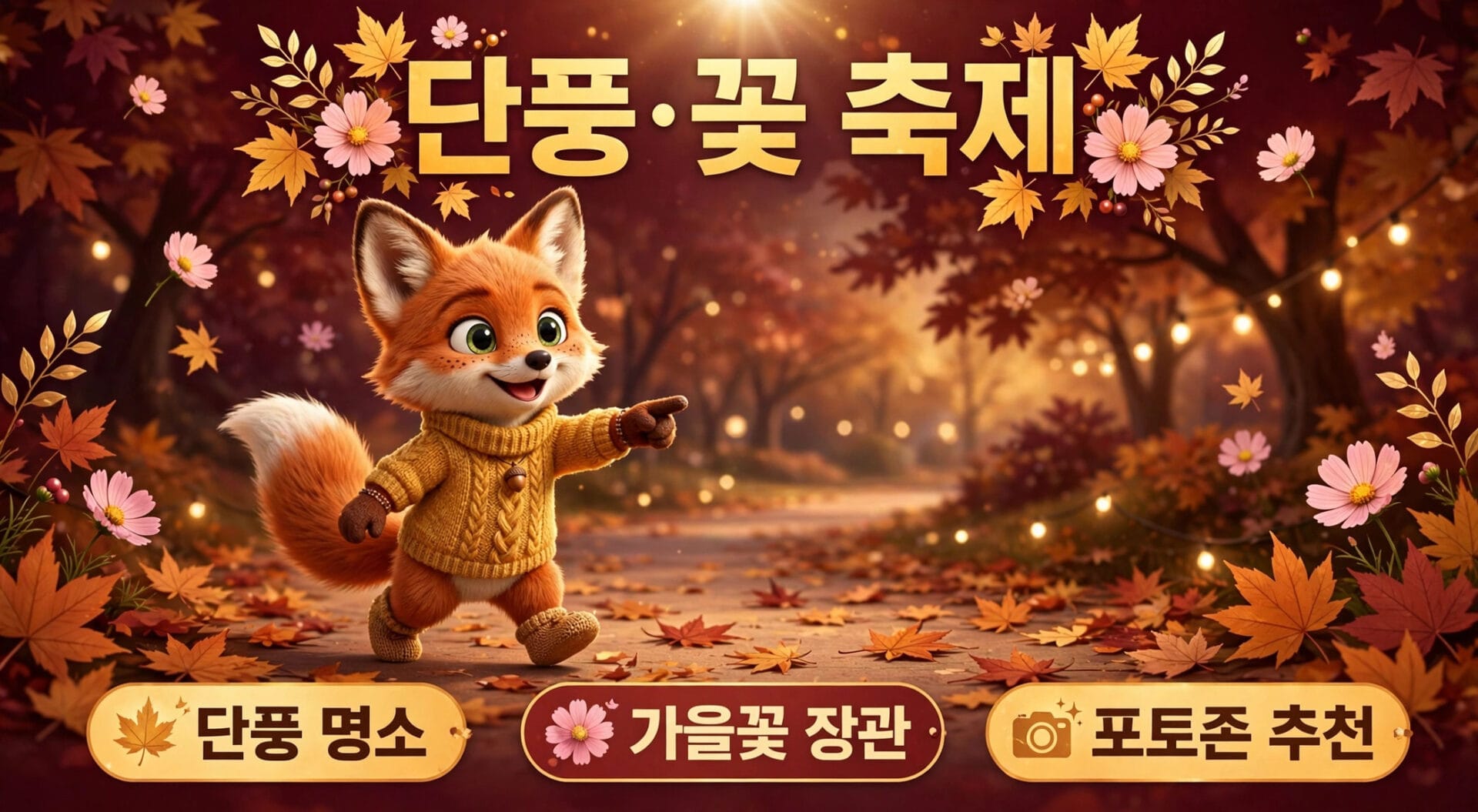 가을 테마의 배경에서 노란 스웨터를 입고 있는 귀여운 여우 캐릭터가 웃으며 손가락으로 가리키고 있는 모습. 주변에는 단풍과 꽃들이 장식되어 있으며, "단풍·꽃 축제"라는 글자가 강조되어 있는 이미지.