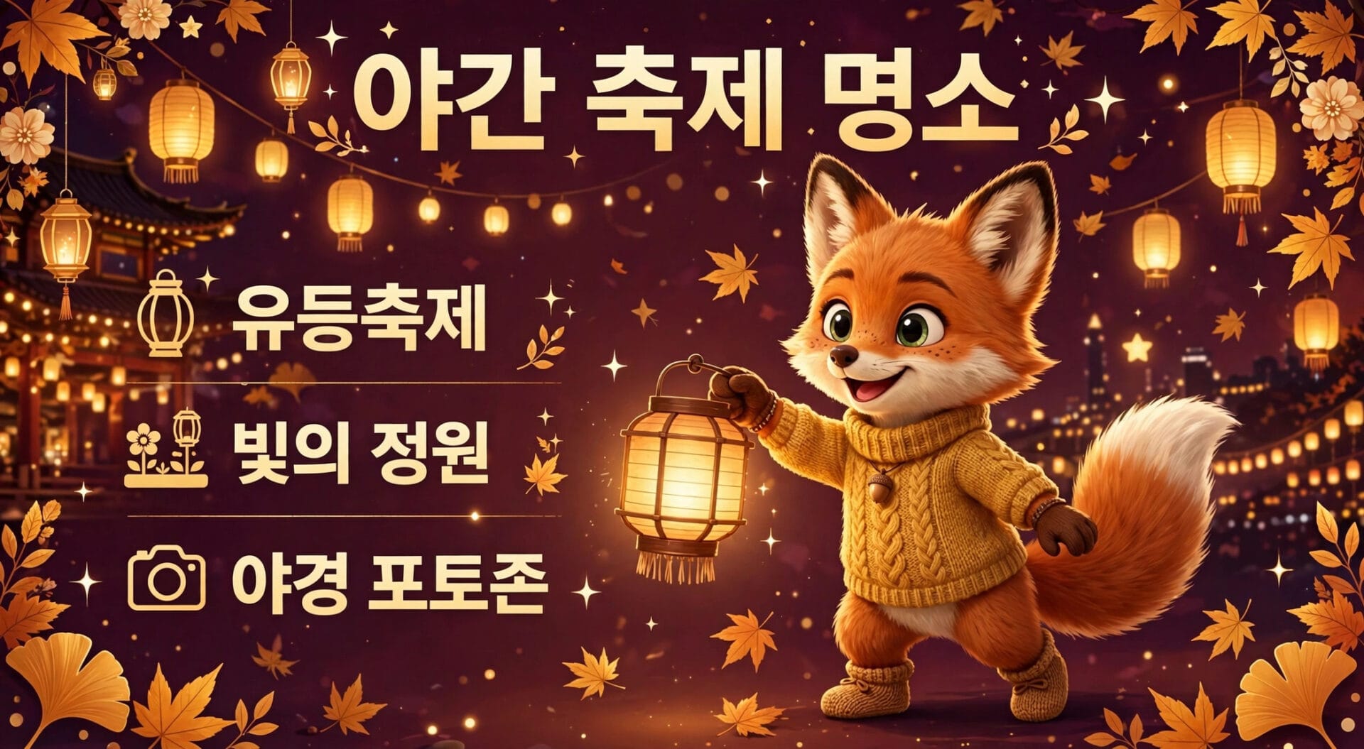귀여운 여우 캐릭터가 등불을 들고 있는 모습, 배경에는 야경과 화려한 조명이 있는 축제 분위기를 나타내며, '야간 축제 명소'라는 텍스트가 강조되어 있습니다.