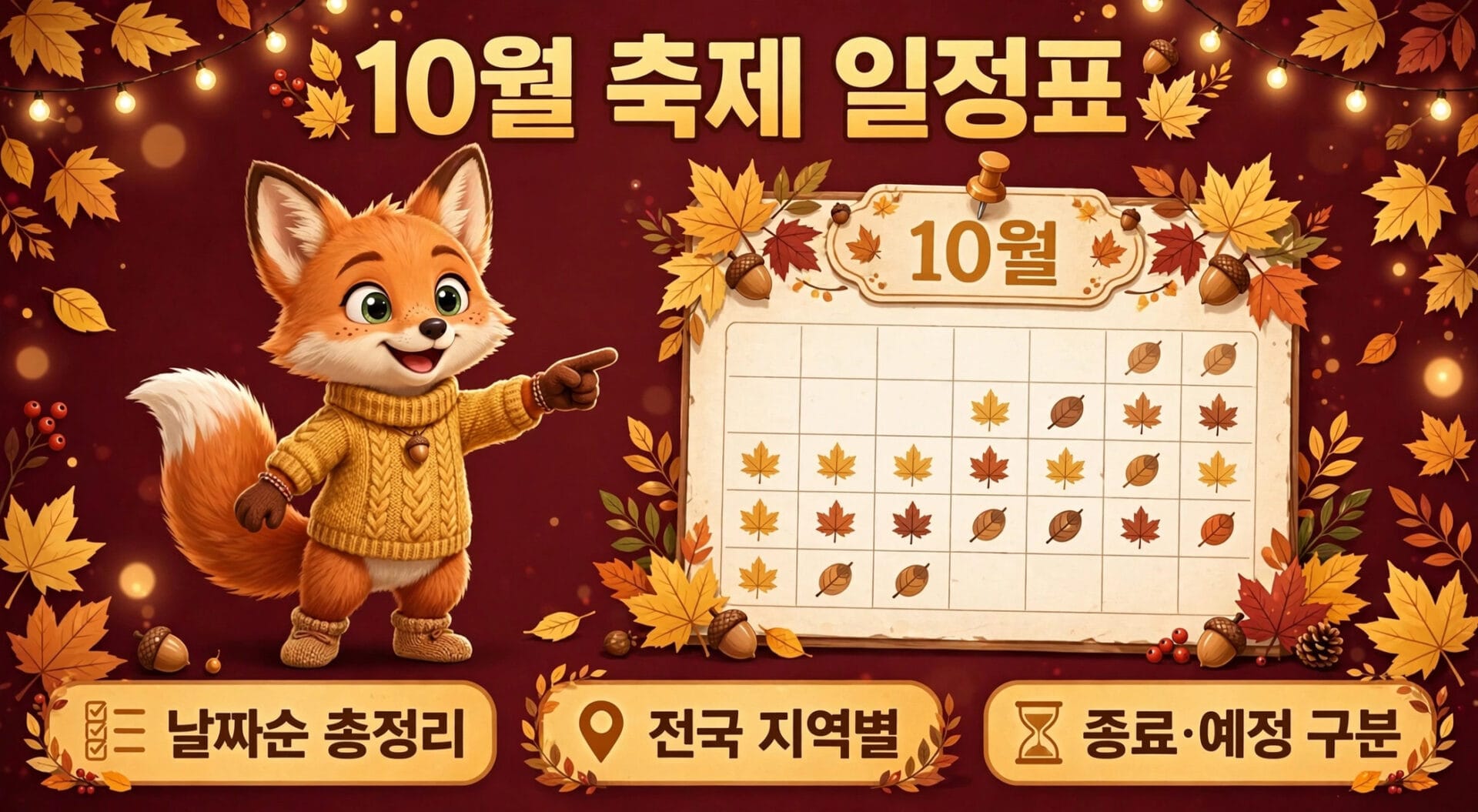 10월 축제 일정표를 배경으로 한 귀여운 여우 캐릭터가 등장하며, 주변에는 가을 잎사귀와 장식들이 어우러져 있는 이미지. '날짜순 정리', '전국 지역별', '종료·예정 구분' 등의 정보가 포함된 디자인.