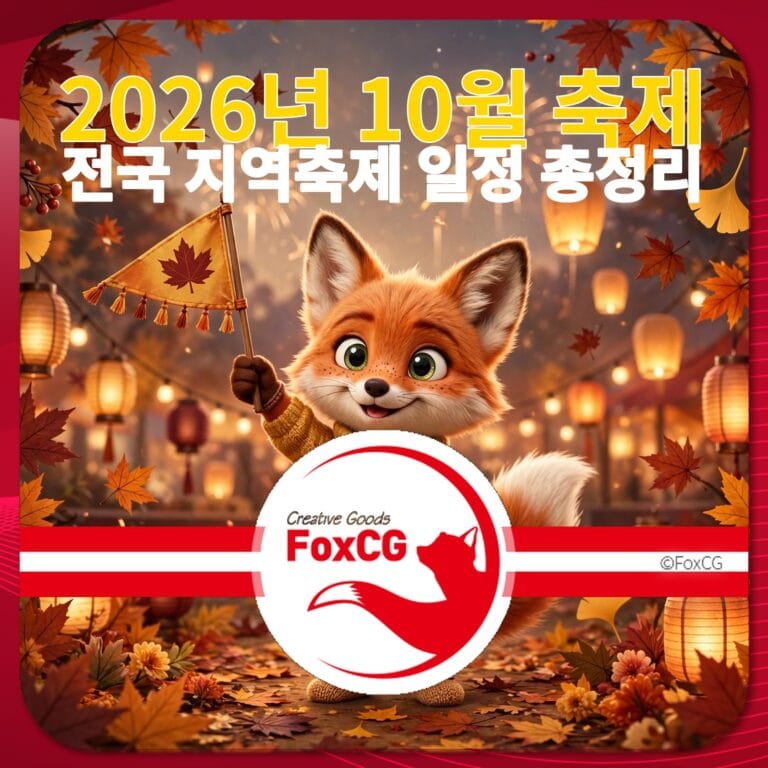 2026년 10월에 열리는 전국 지역축제 일정 안내 이미지, 귀여운 여우 캐릭터가 단풍잎 깃발을 들고 있는 모습, 따뜻한 가을 분위기와 함께 축제의 즐거움을 표현.