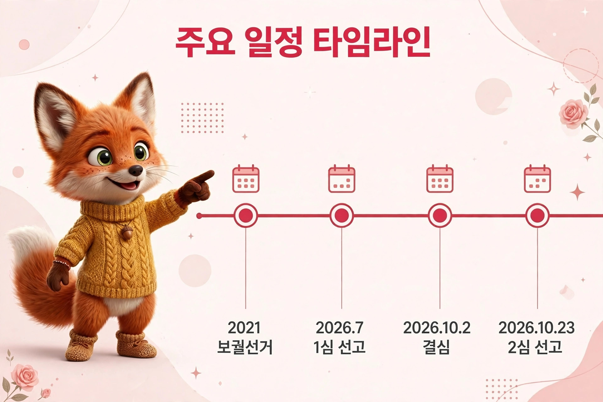 주요 일정 타임라인을 설명하는 이미지로, 귀여운 여우 캐릭터가 손가락으로 가리키고 있으며, 2021년 보궐선거와 2026년 주요 일정들이 표시되어 있습니다.