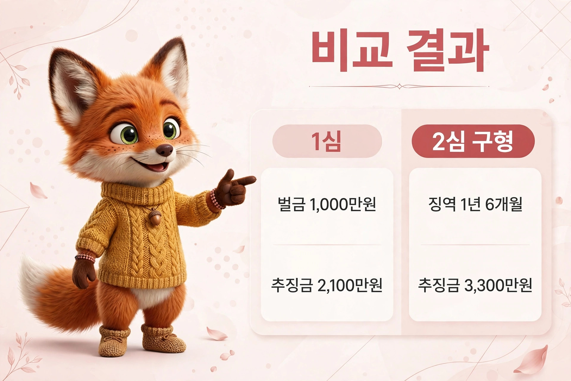귀여운 여우 캐릭터가 노란 스웨터를 입고 손가락으로 가리키며 웃고 있는 이미지, 비교 결과 표에는 1심과 2심 구형의 벌금 및 추징금 정보가 포함되어 있음.