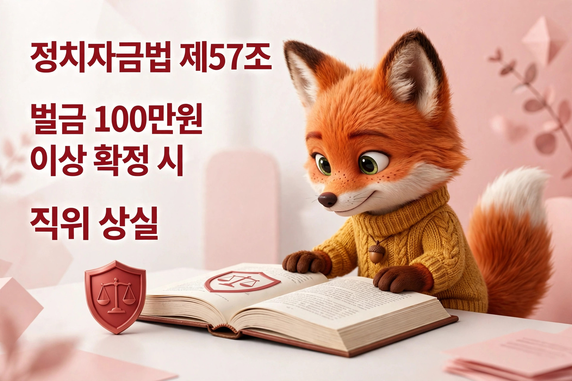 정치자금법 제57조에 대한 정보를 담고 있는 귀여운 여우 캐릭터가 책을 읽고 있는 이미지, 벌금 100만원 이상 확정 시 직위 상실 경고 포함.