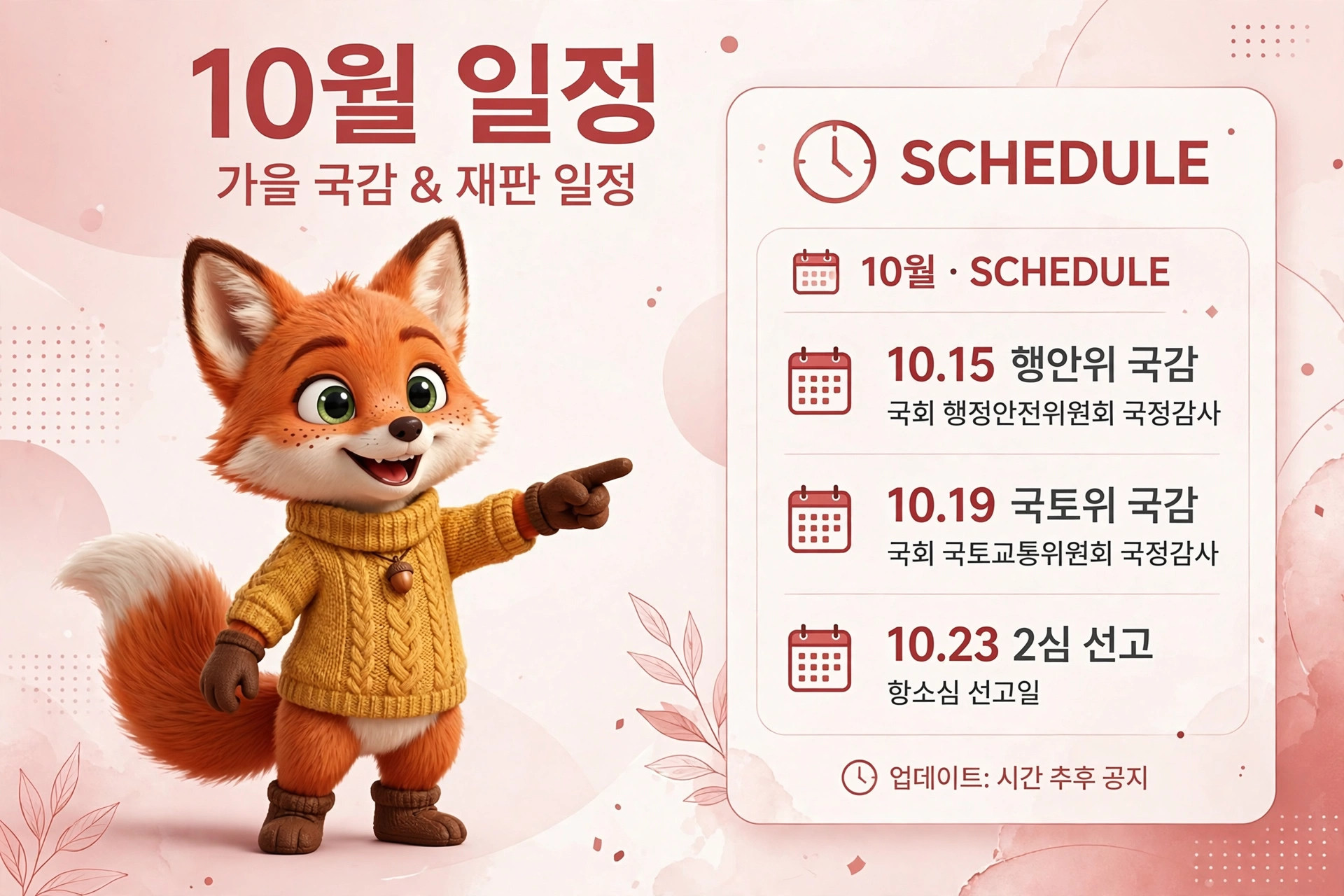 10월 일정을 안내하는 이미지로, 귀여운 여우 캐릭터가 노란 스웨터를 입고 손가락으로 가리키고 있다. 일정에는 10월 15일 행안위 국감, 10월 19일 국토위 국감, 10월 23일 2심 선고가 포함되어 있다.